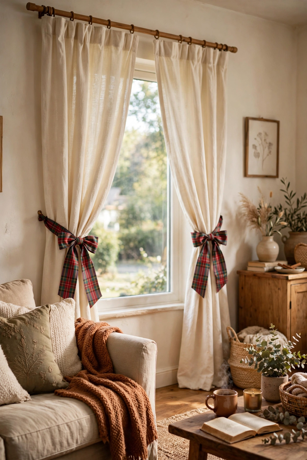 Tartan ribbon bows tied on living room curtain tiebacks