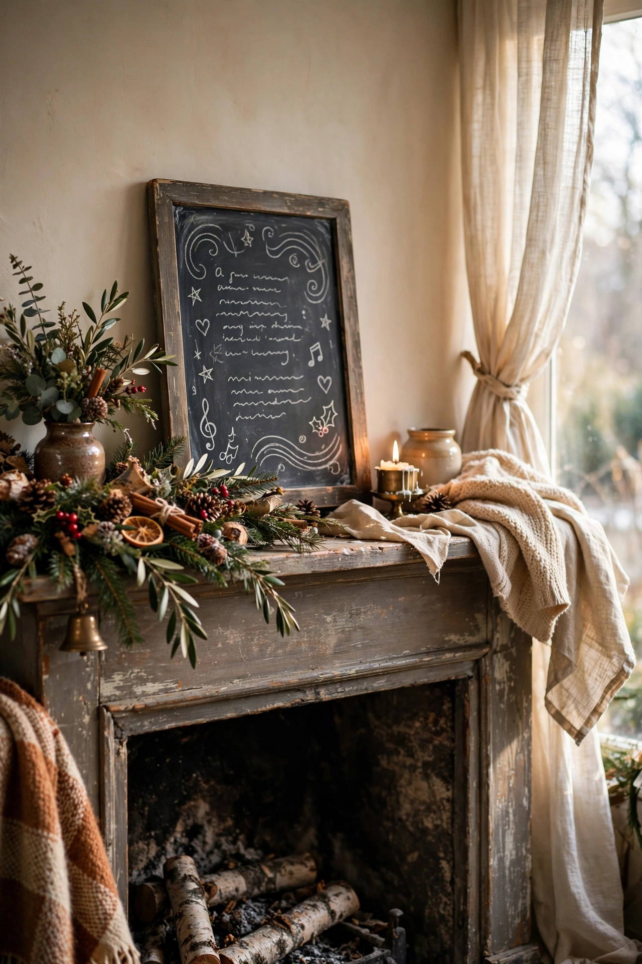 Small chalkboard on a mantel with handwritten carol lyrics