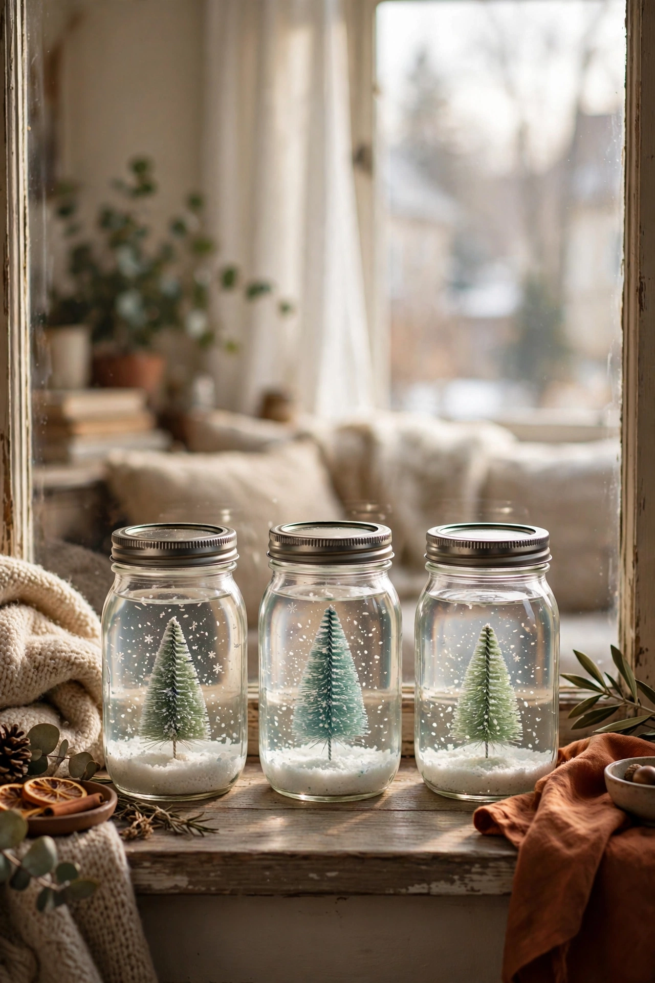 Mason jar snow globes lined up on a windowsill