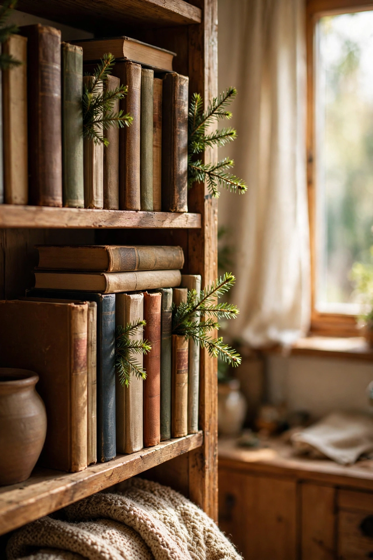 Evergreen sprigs tucked between books on a bookshelf
