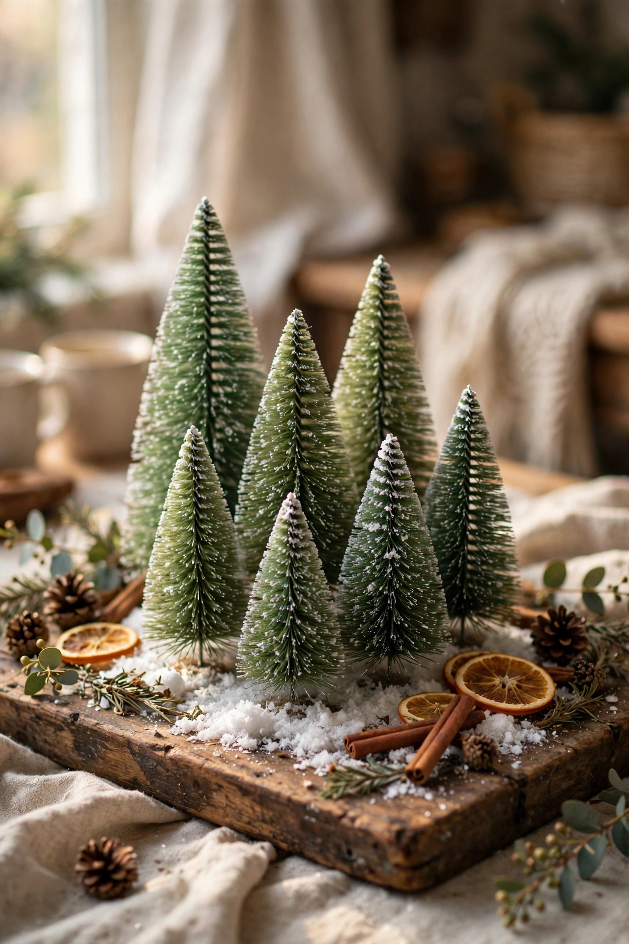 Cluster of small bottle brush trees on a wooden tray