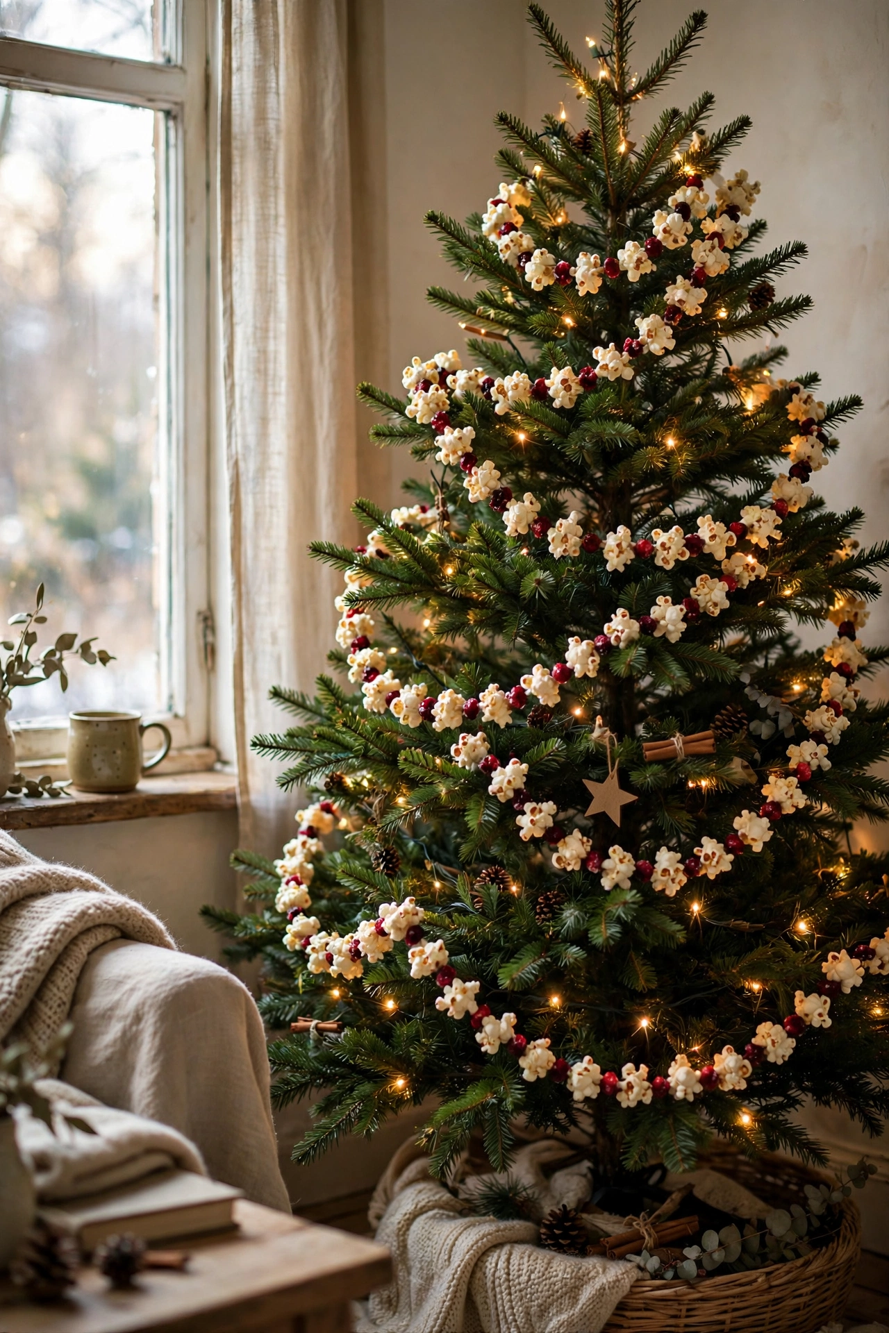 Popcorn and cranberry garland draped on a Christmas tree