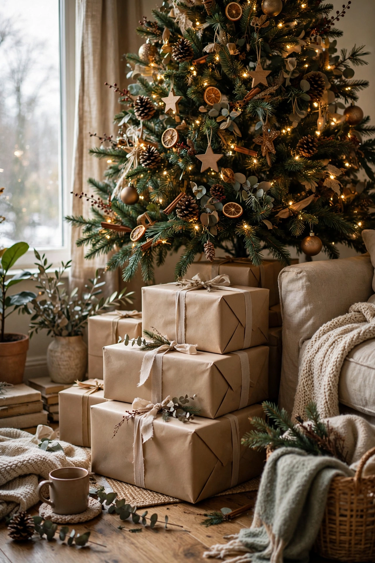 Wrapped empty gift boxes stacked under a Christmas tree