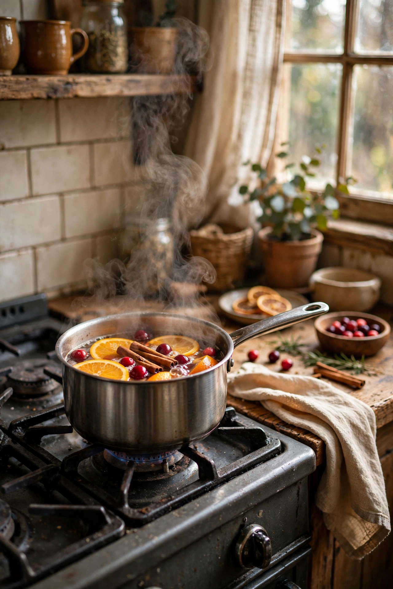 Simmer pot with oranges and cinnamon on a stove