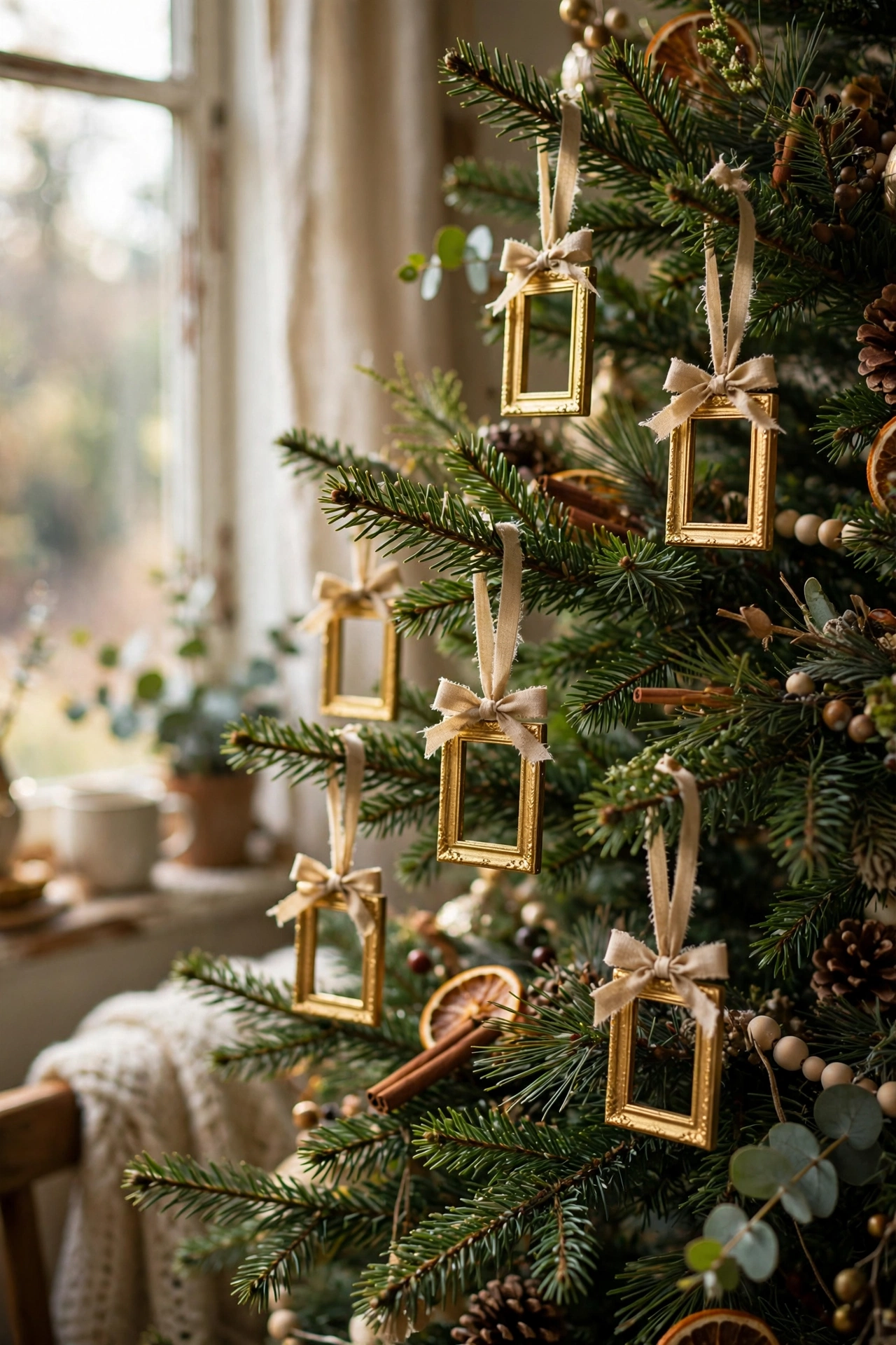 Tiny gold spray-painted frames hanging as Christmas tree ornaments