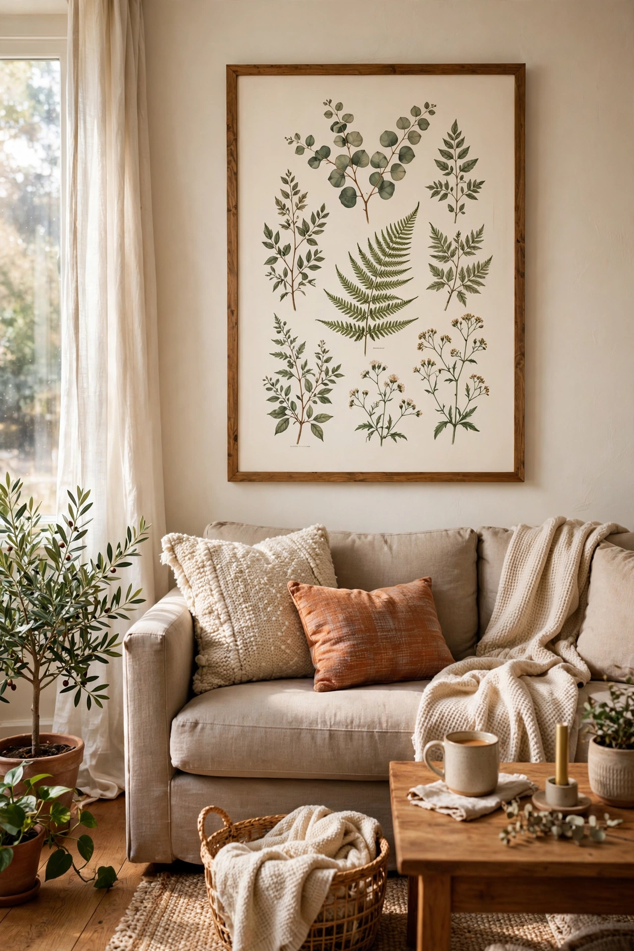 Large framed botanical print hanging above a sofa