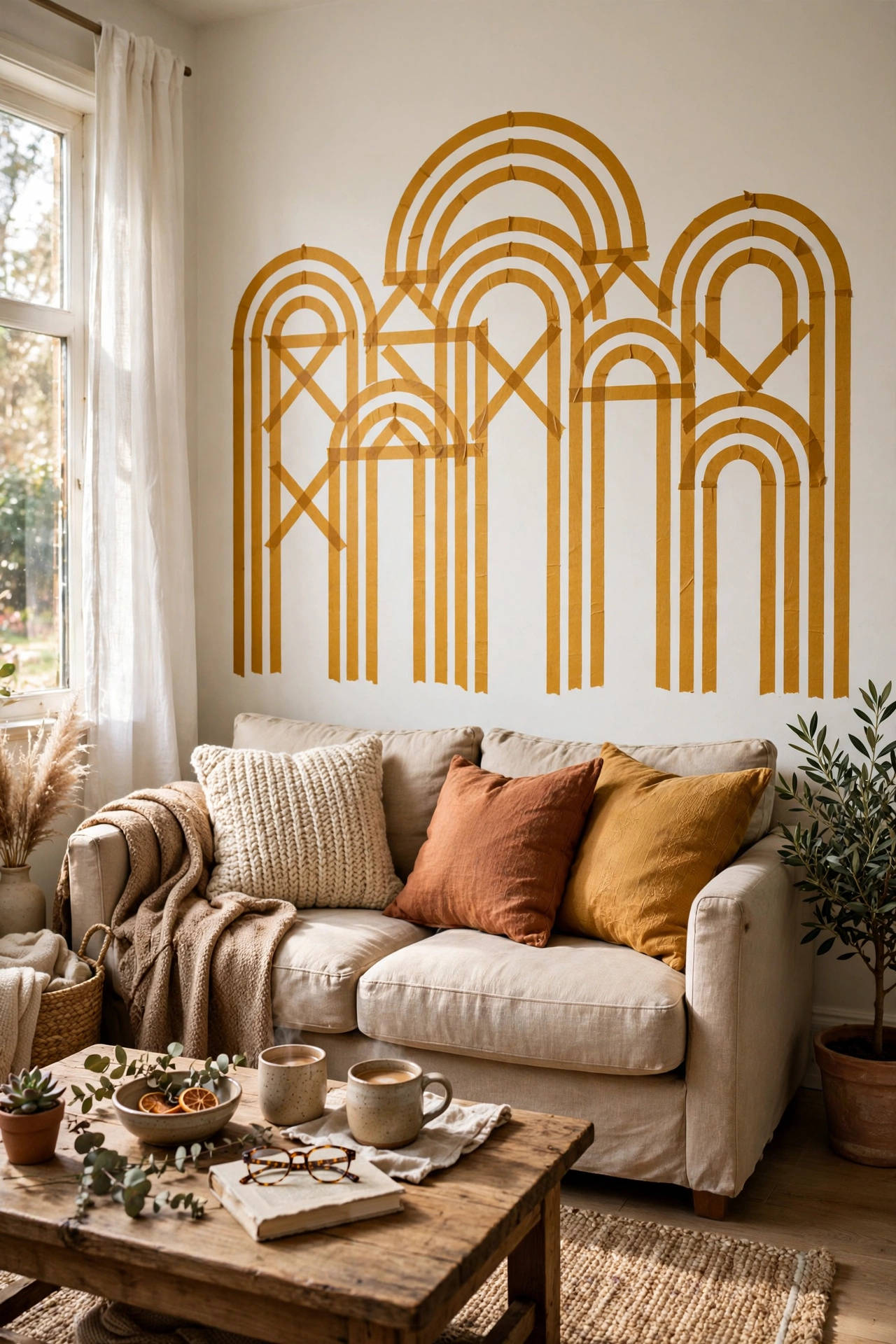 Mustard washi tape arch pattern on a living room wall