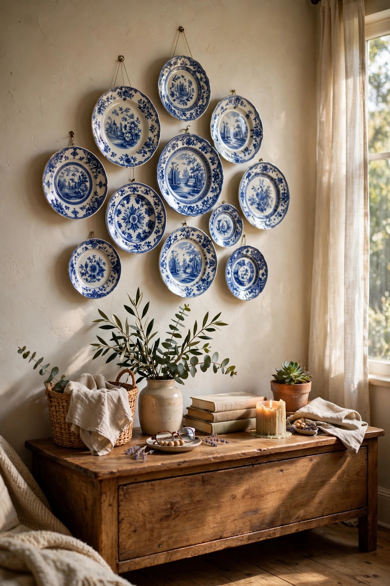 Cluster of blue and white decorative plates hung on a wall