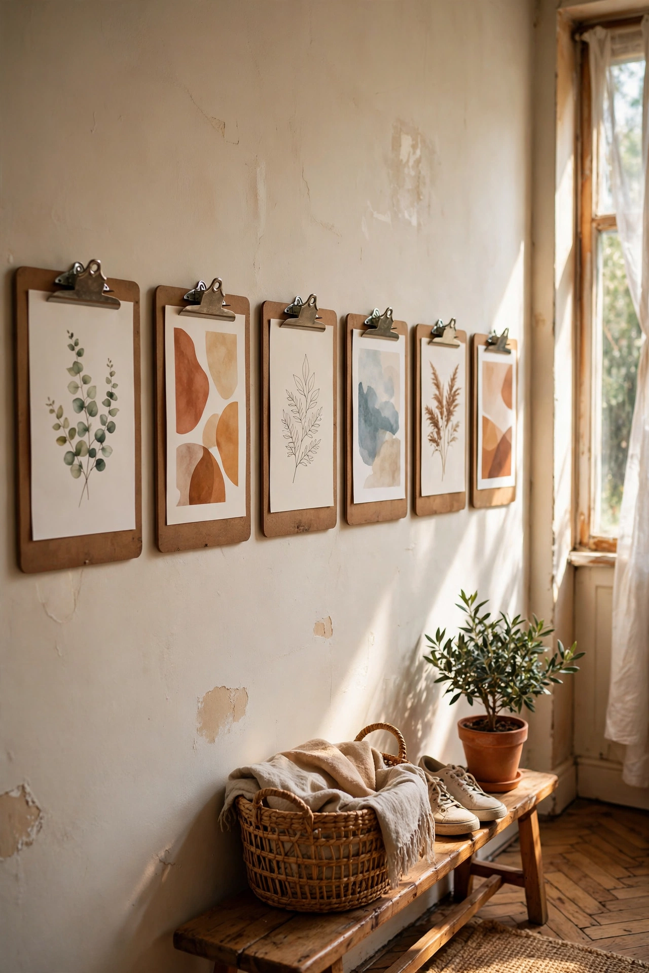 Row of wooden clipboards with art prints on a hallway wall