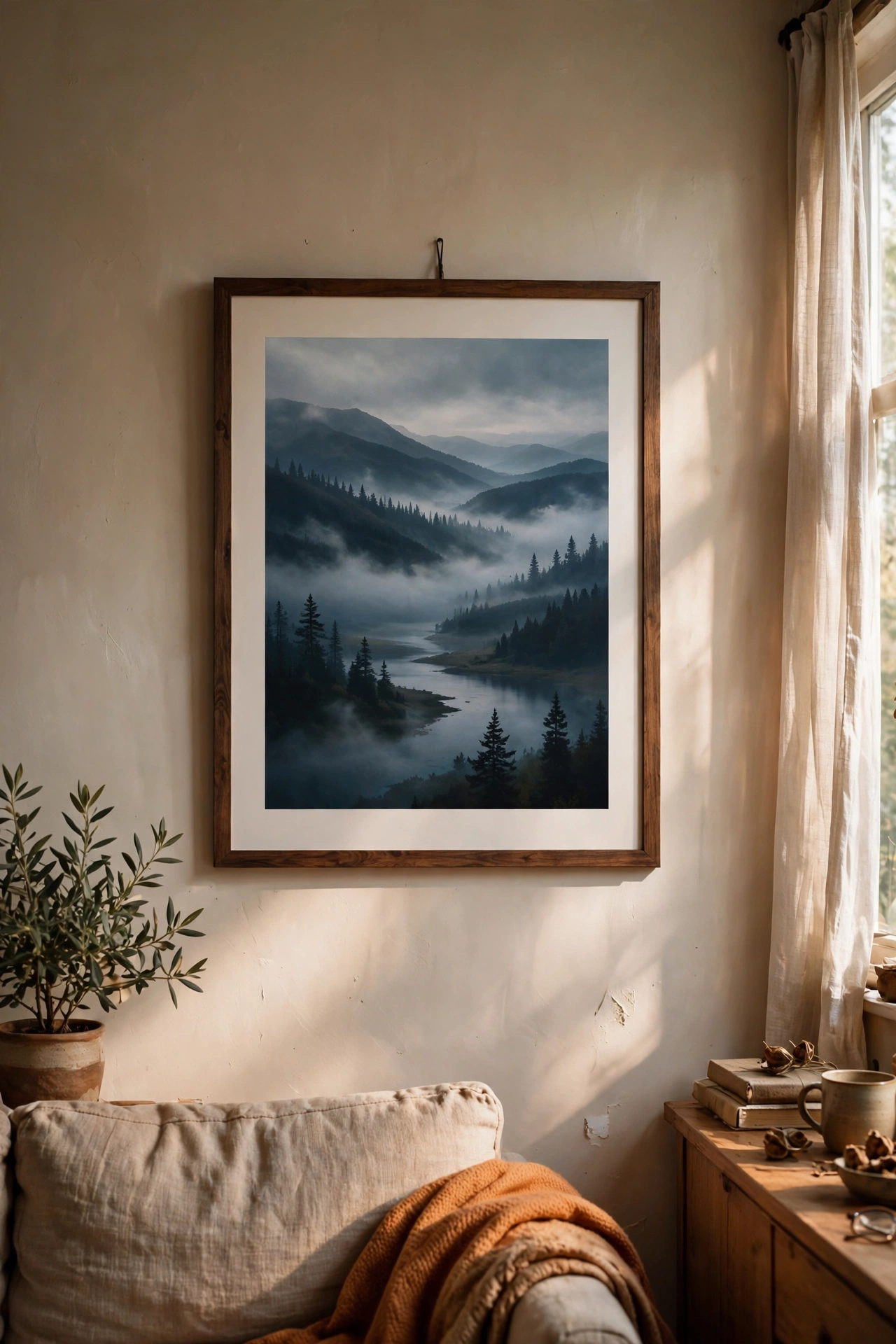 Framed landscape page from an old calendar on a wall