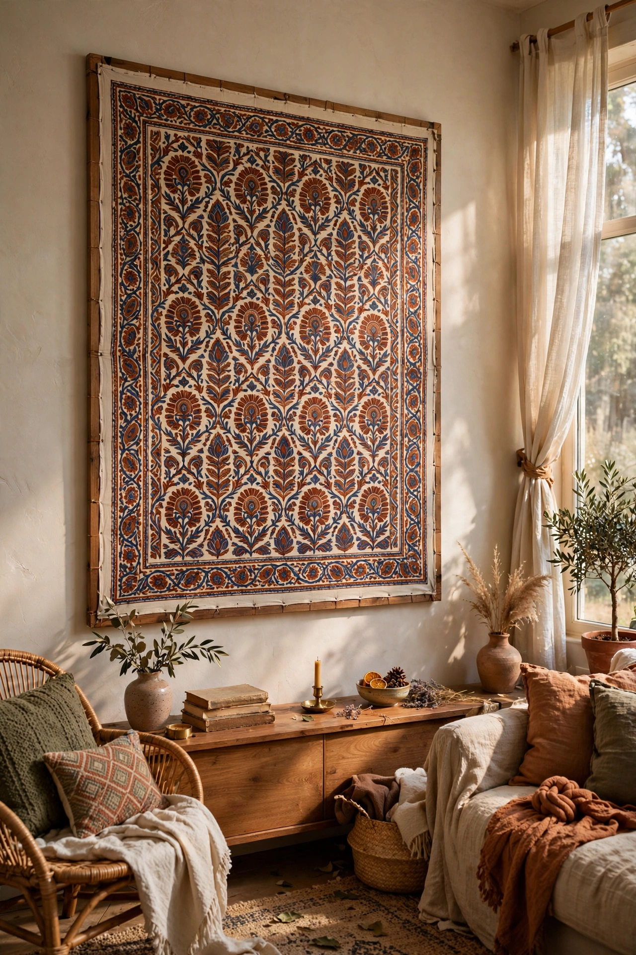 Block-print fabric stretched over a canvas frame on a wall