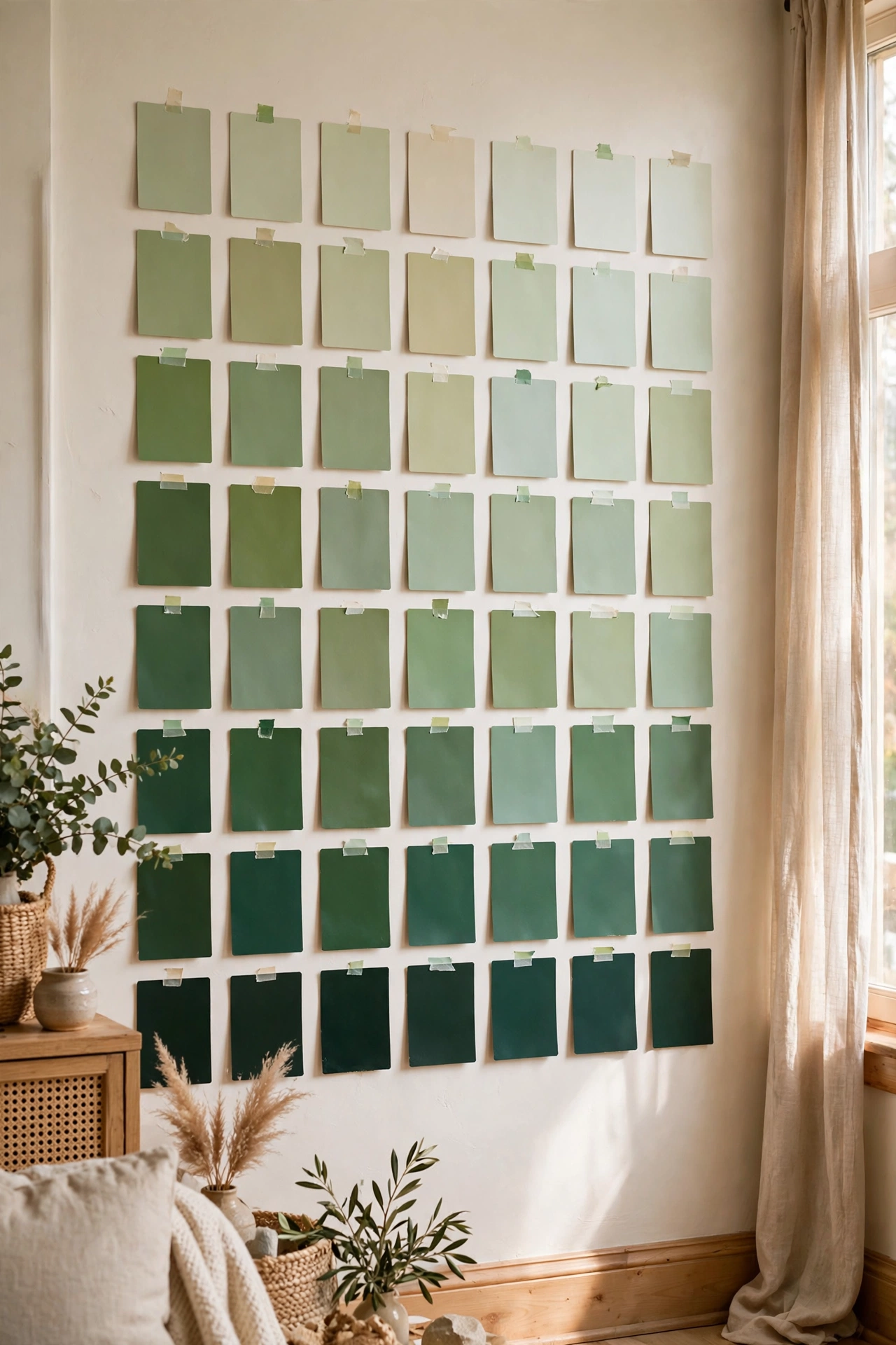 Ombre grid of green paint sample cards on a wall