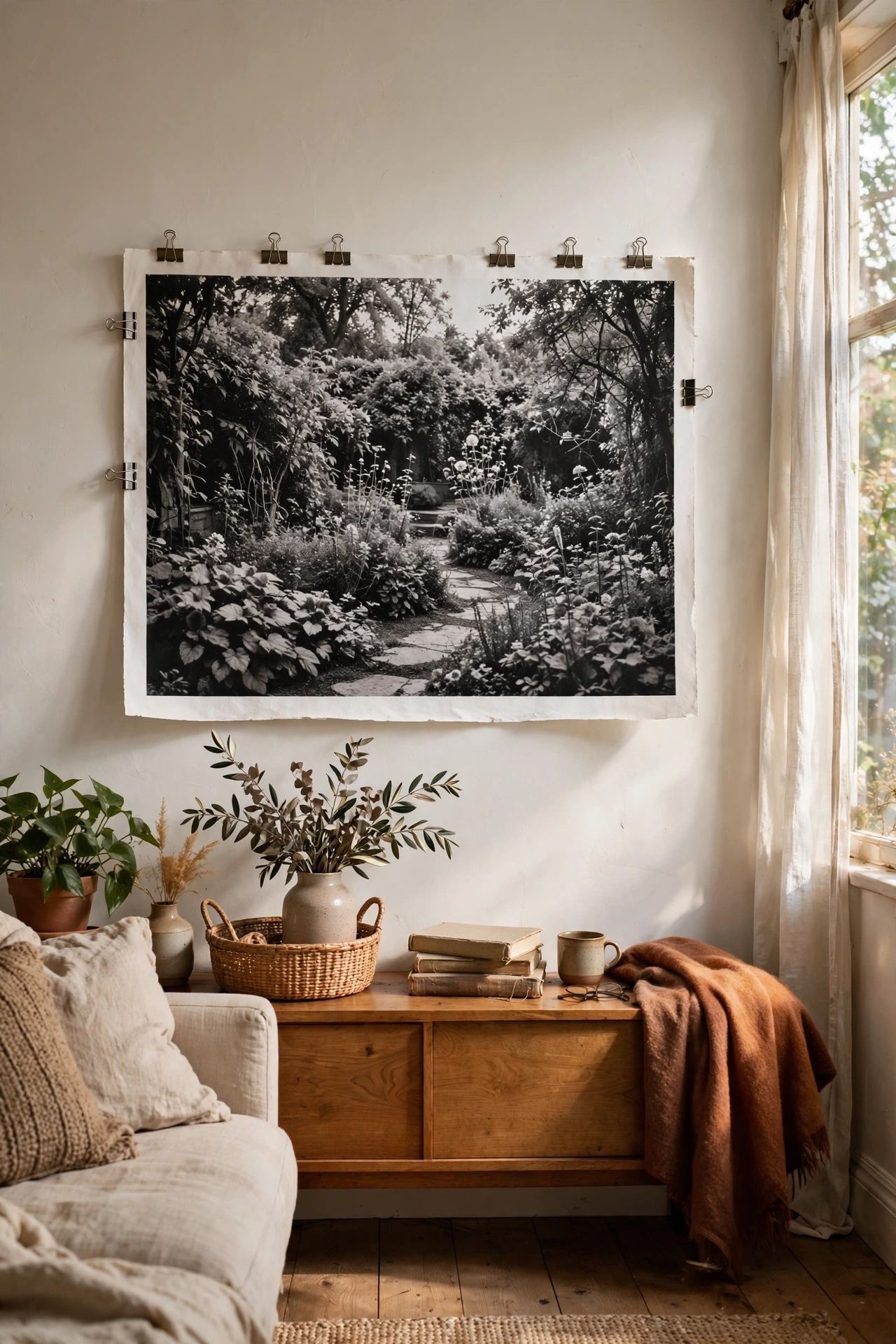 Huge black and white engineer print of a garden photo on a wall