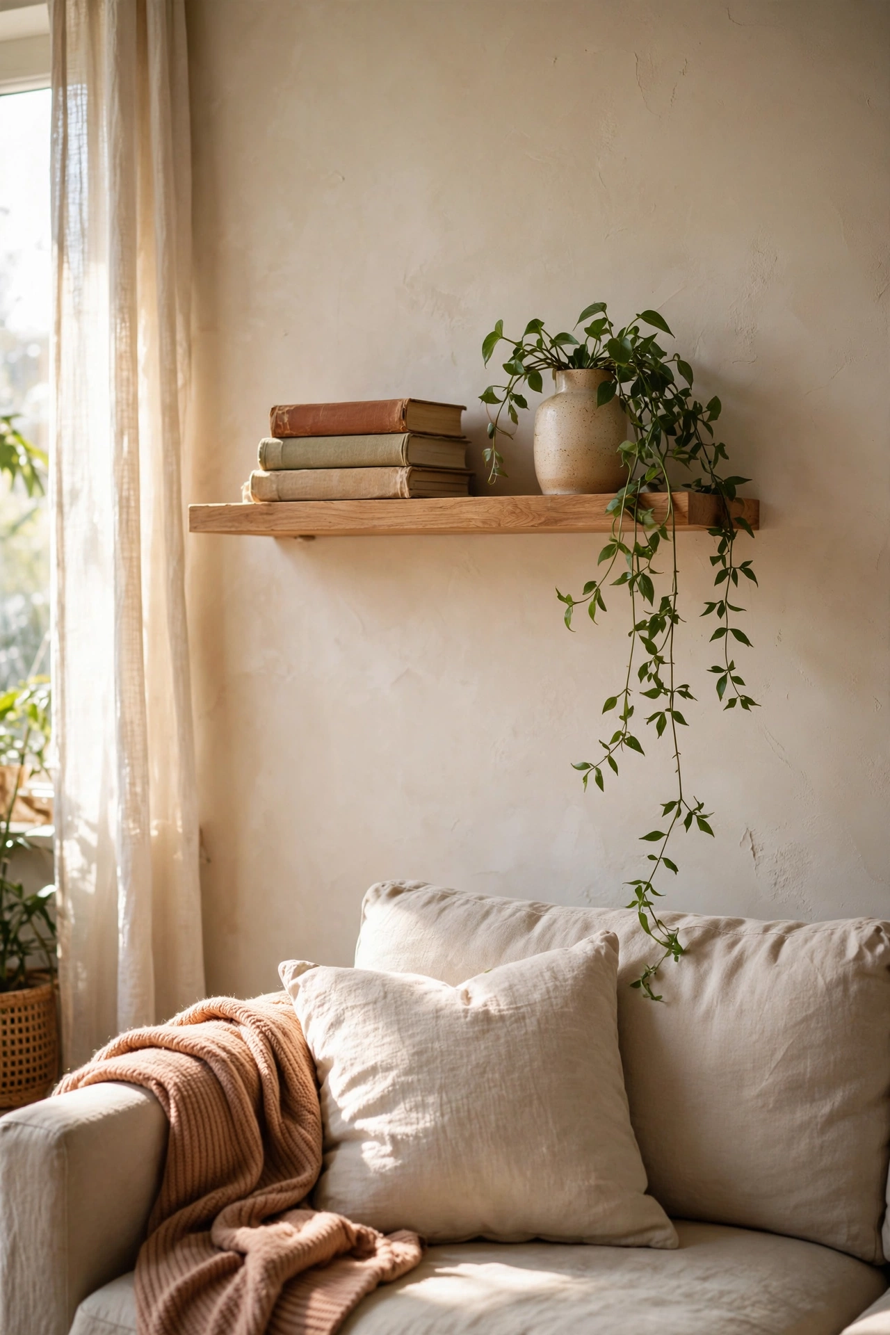 Floating shelf styled with books vase and trailing plant