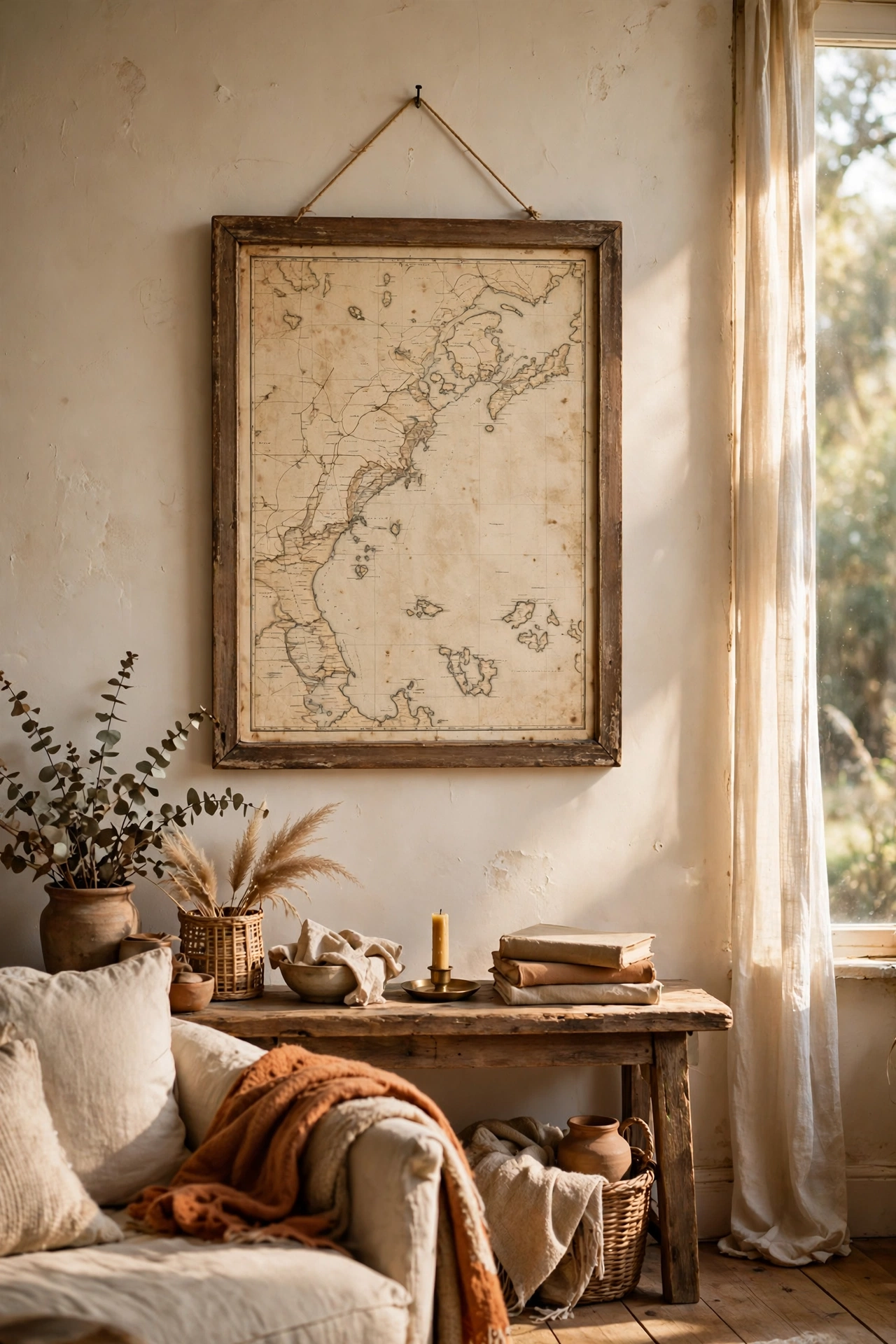 Framed vintage map of a coastline on a living room wall