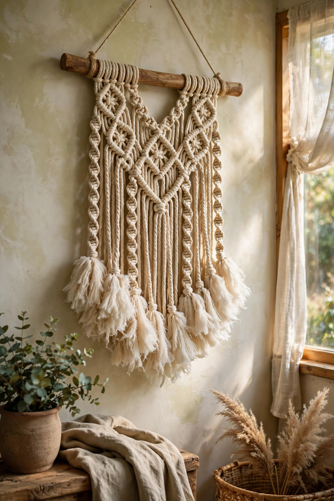 Handmade macrame wall hanging with fluffy fringe