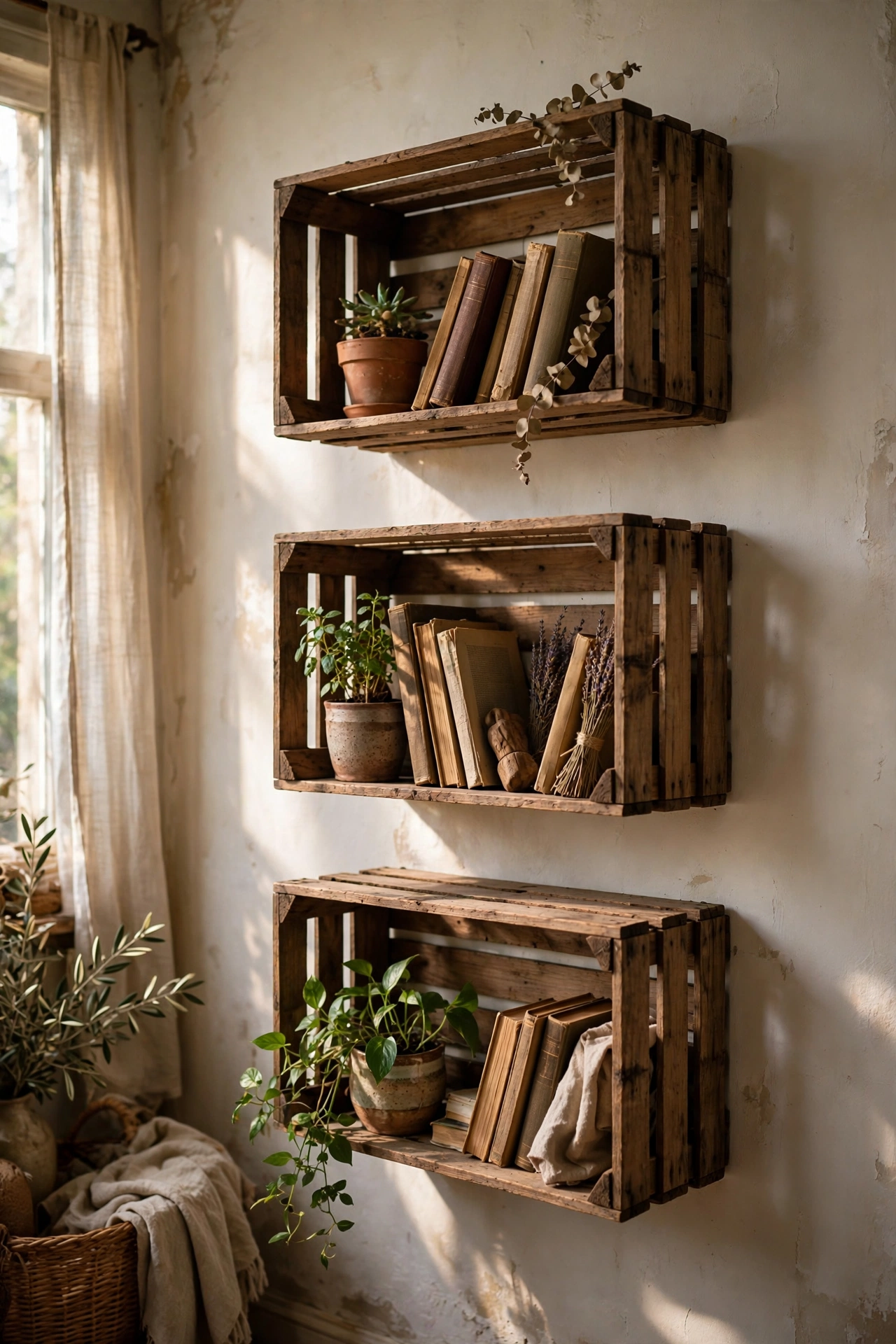 Wooden crates mounted as rustic wall shelves with books