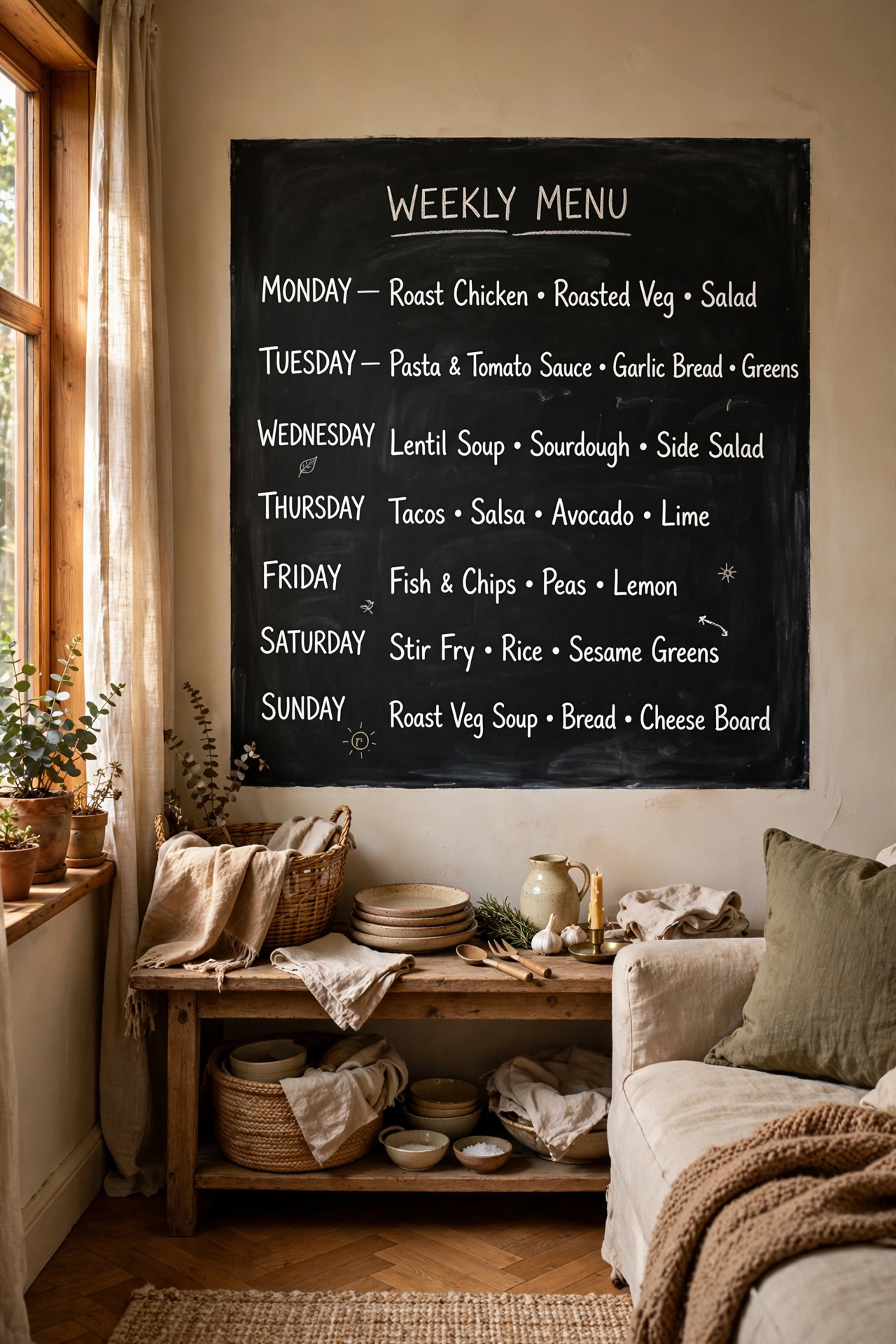 Chalkboard paint square on a wall with handwritten menu