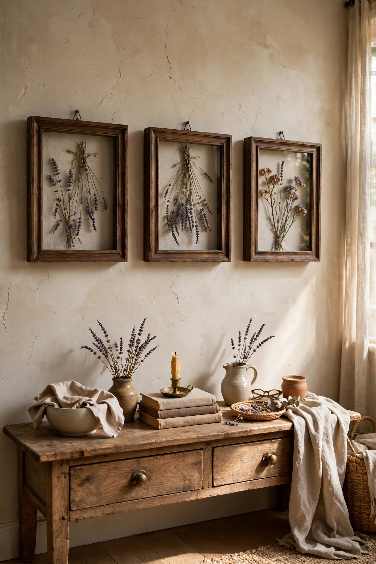 Three shadow box frames with dried lavender in a row