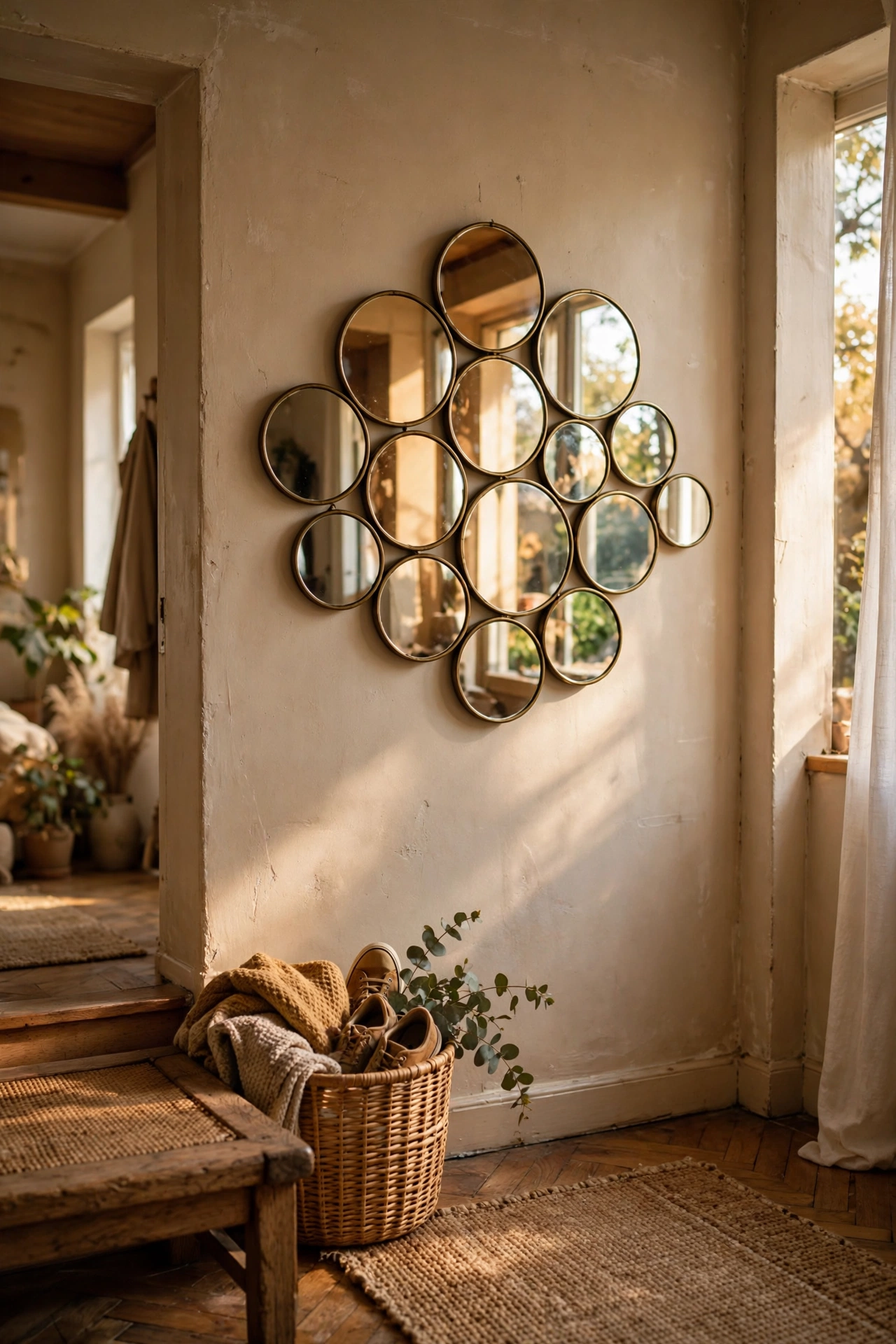 Cluster of small round mirrors grouped on a hallway wall
