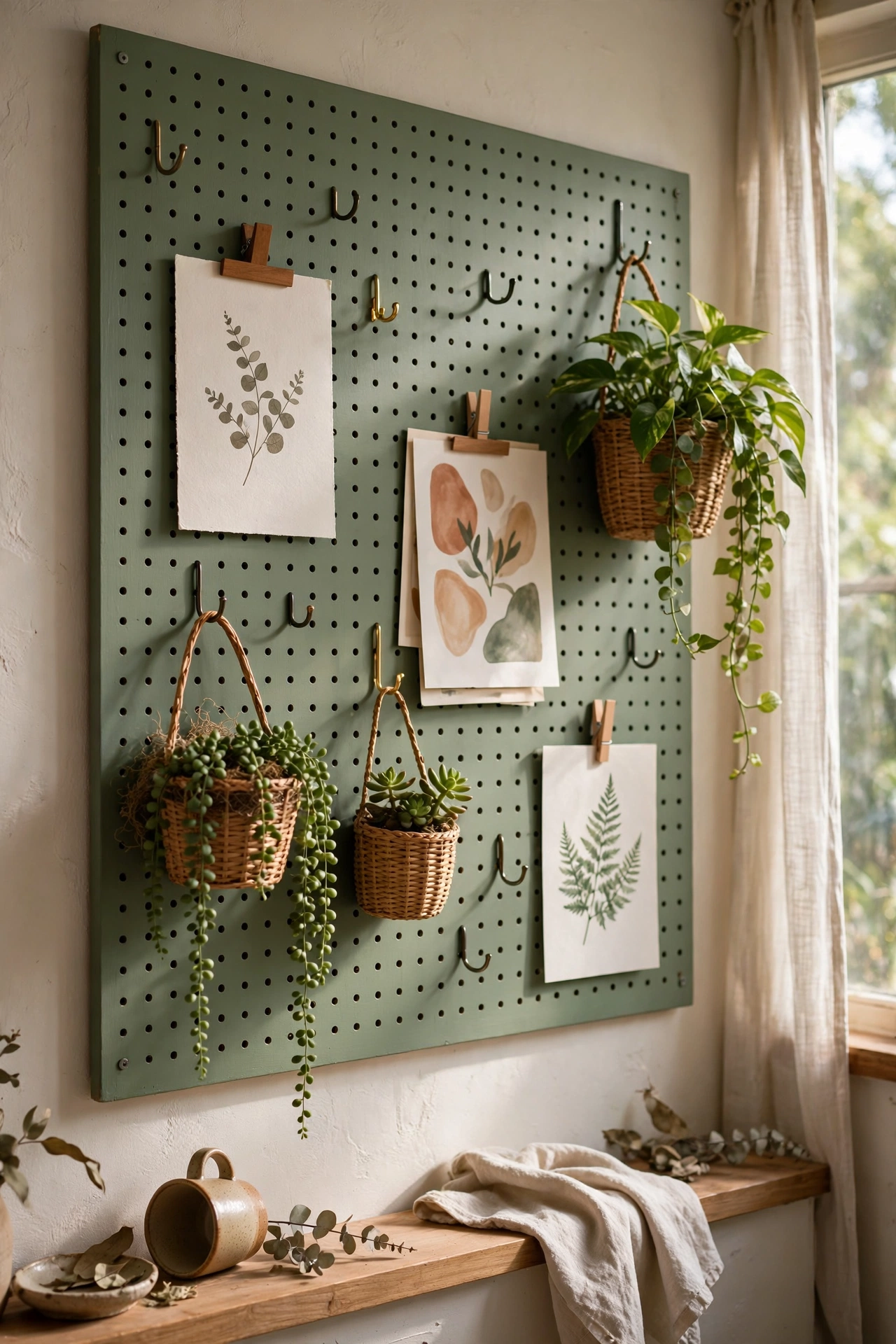 Painted pegboard wall with hooks holding plants and art