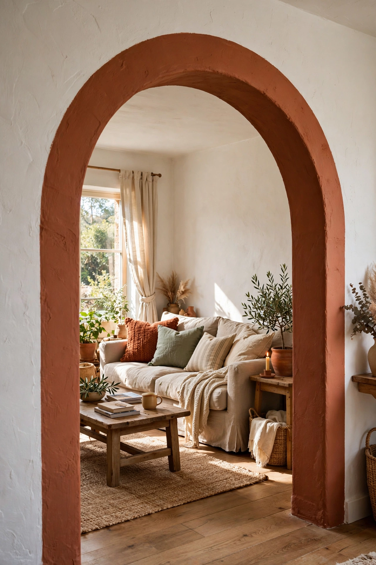 Terracotta painted arch on a wall behind a sofa