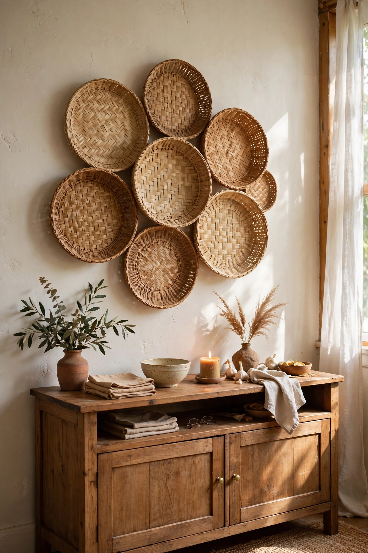 Woven seagrass baskets hung as wall art above a sideboard