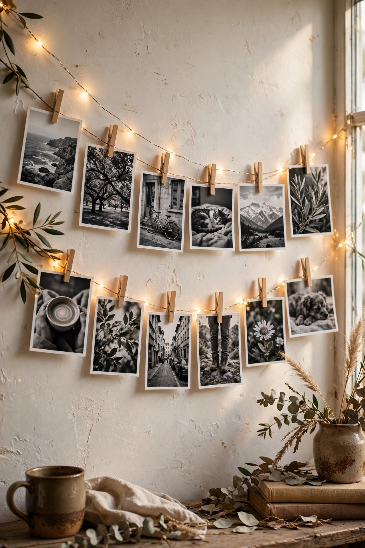 Fairy lights with clipped photos draped on a bedroom wall