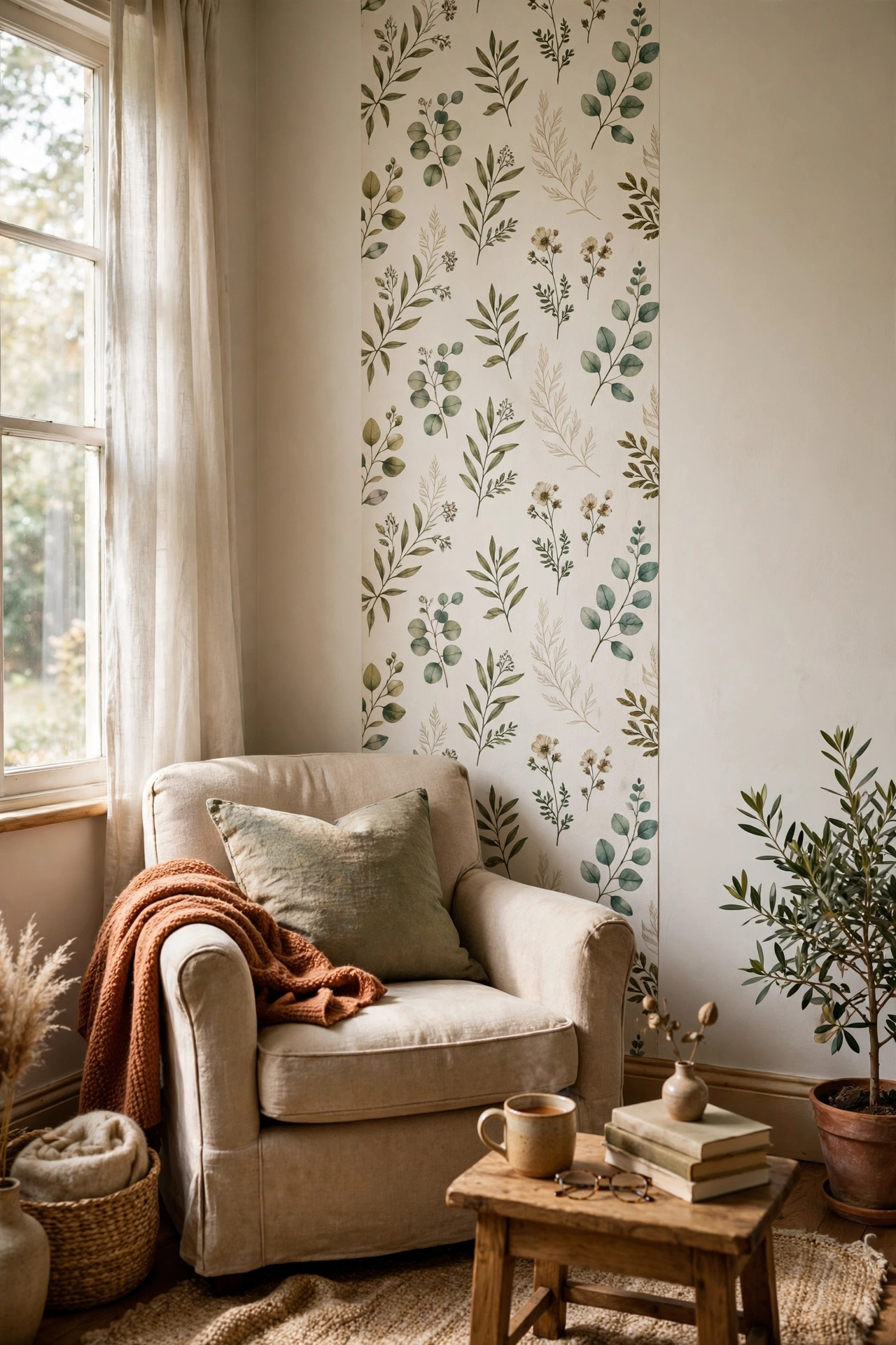 Single panel of botanical peel and stick wallpaper behind a chair