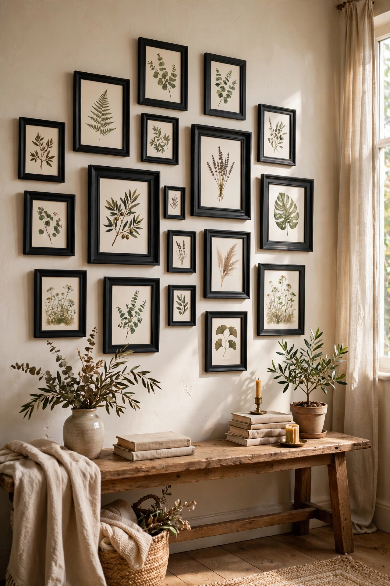 Gallery wall of mismatched frames all sprayed matte black
