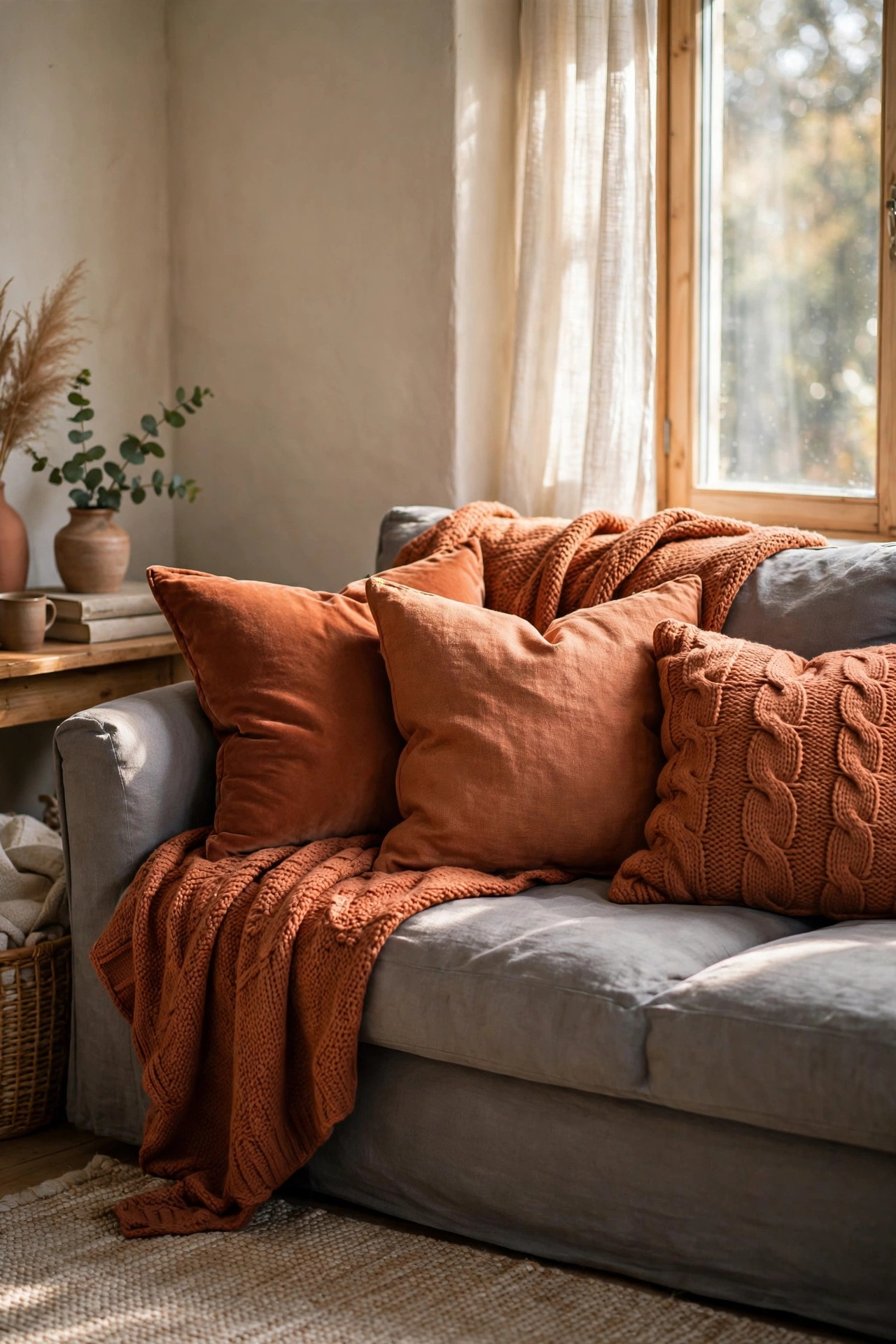Terracotta throw pillows in mixed textures on a grey sofa
