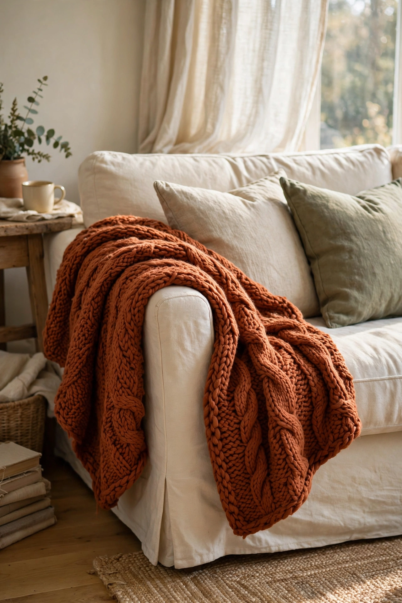 Rust woven throw blanket draped over a sofa arm