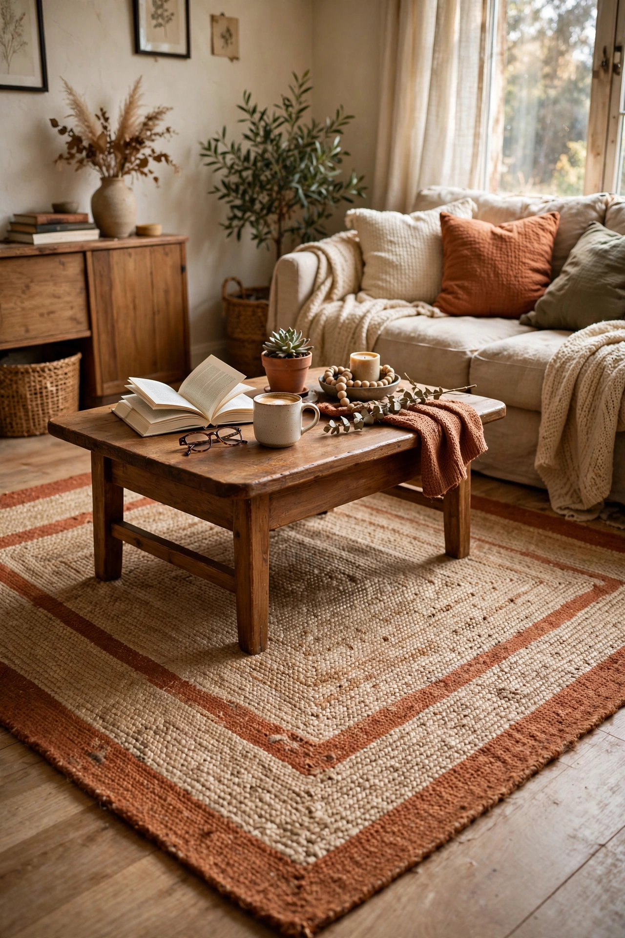 Jute flatweave rug with clay toned border under a coffee table