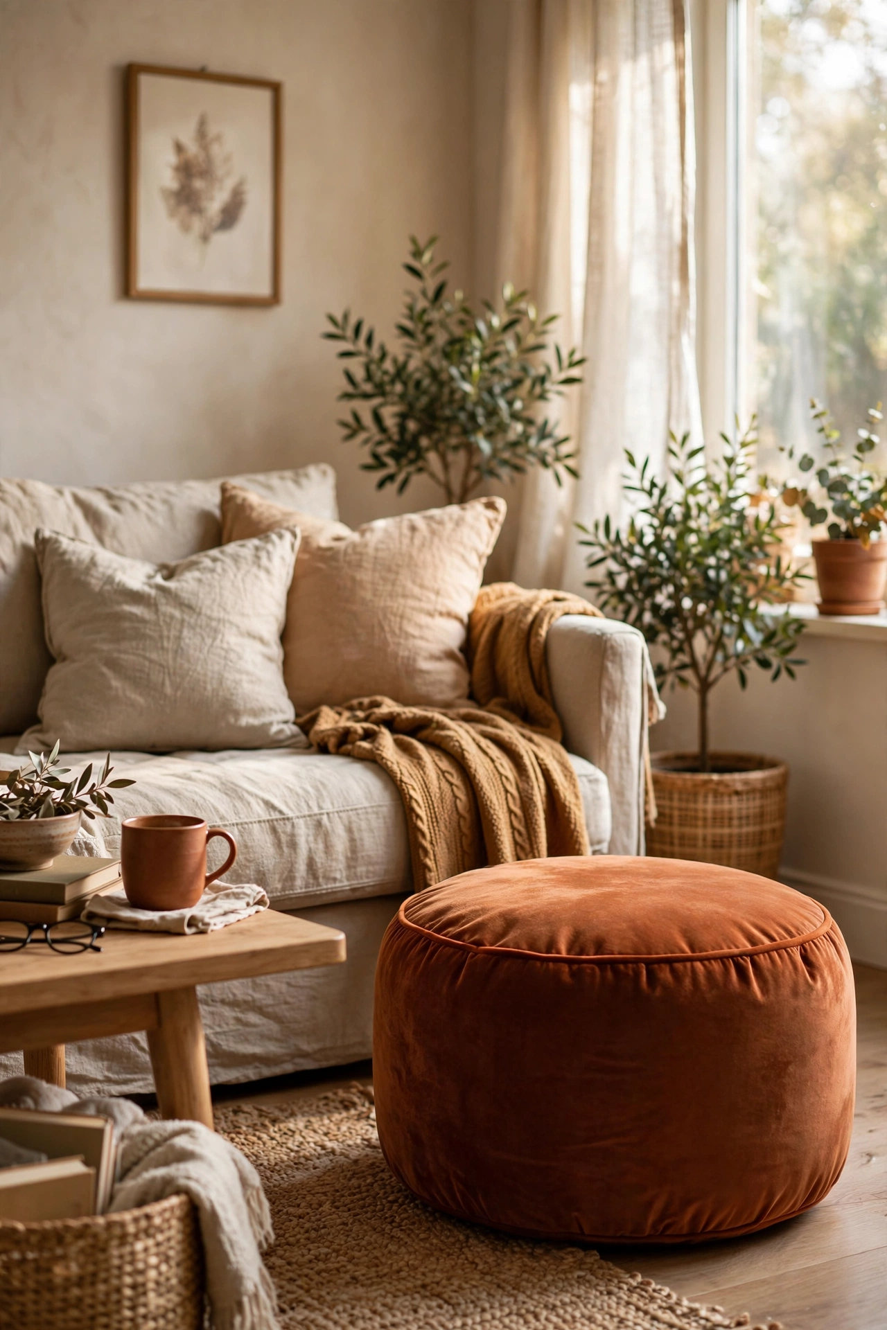 Rust velvet pouf beside a sofa in a warm living room