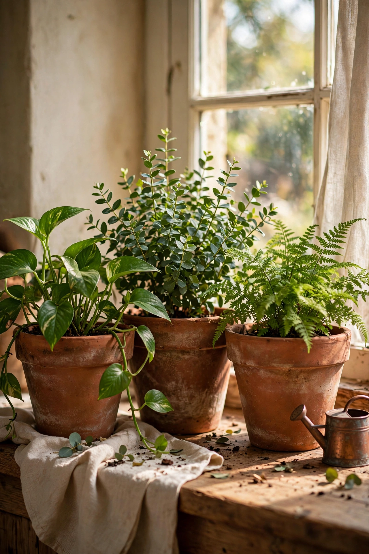 Terracotta clay pots with green plants on a windowsill