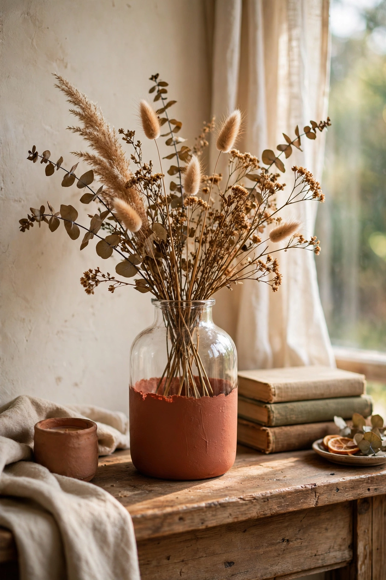 Glass vase half dipped in terracotta chalk paint on a mantel