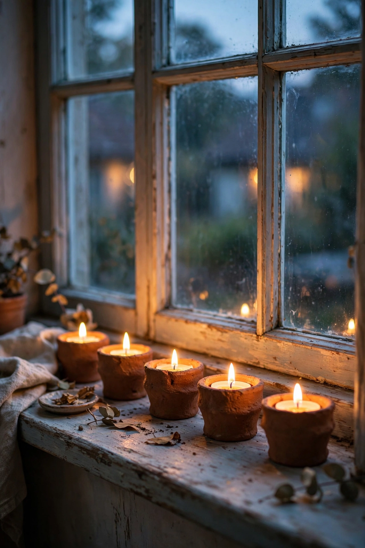 Small terracotta candle holders with tea lights on a windowsill