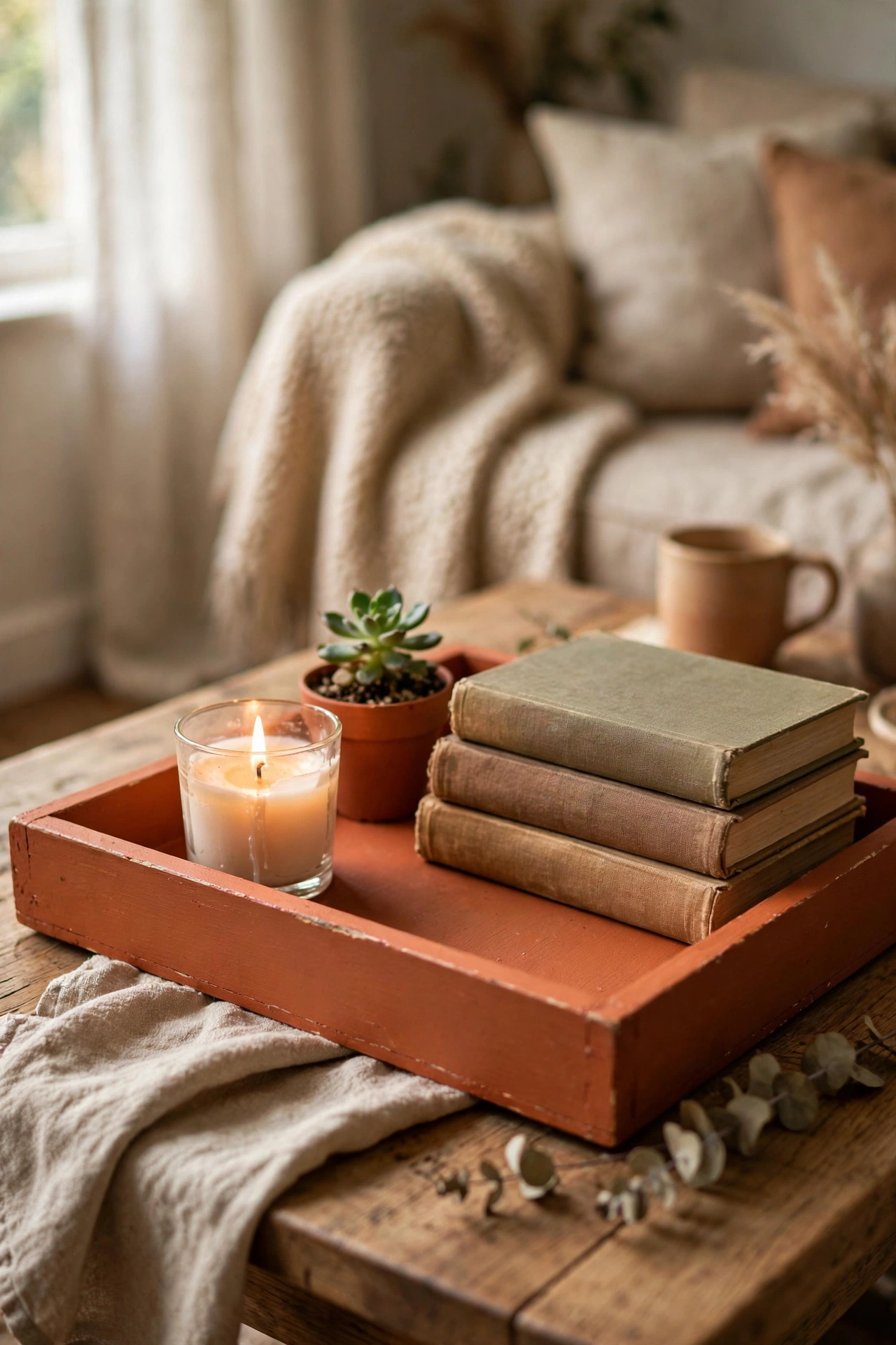 Wooden tray painted terracotta styling a coffee table