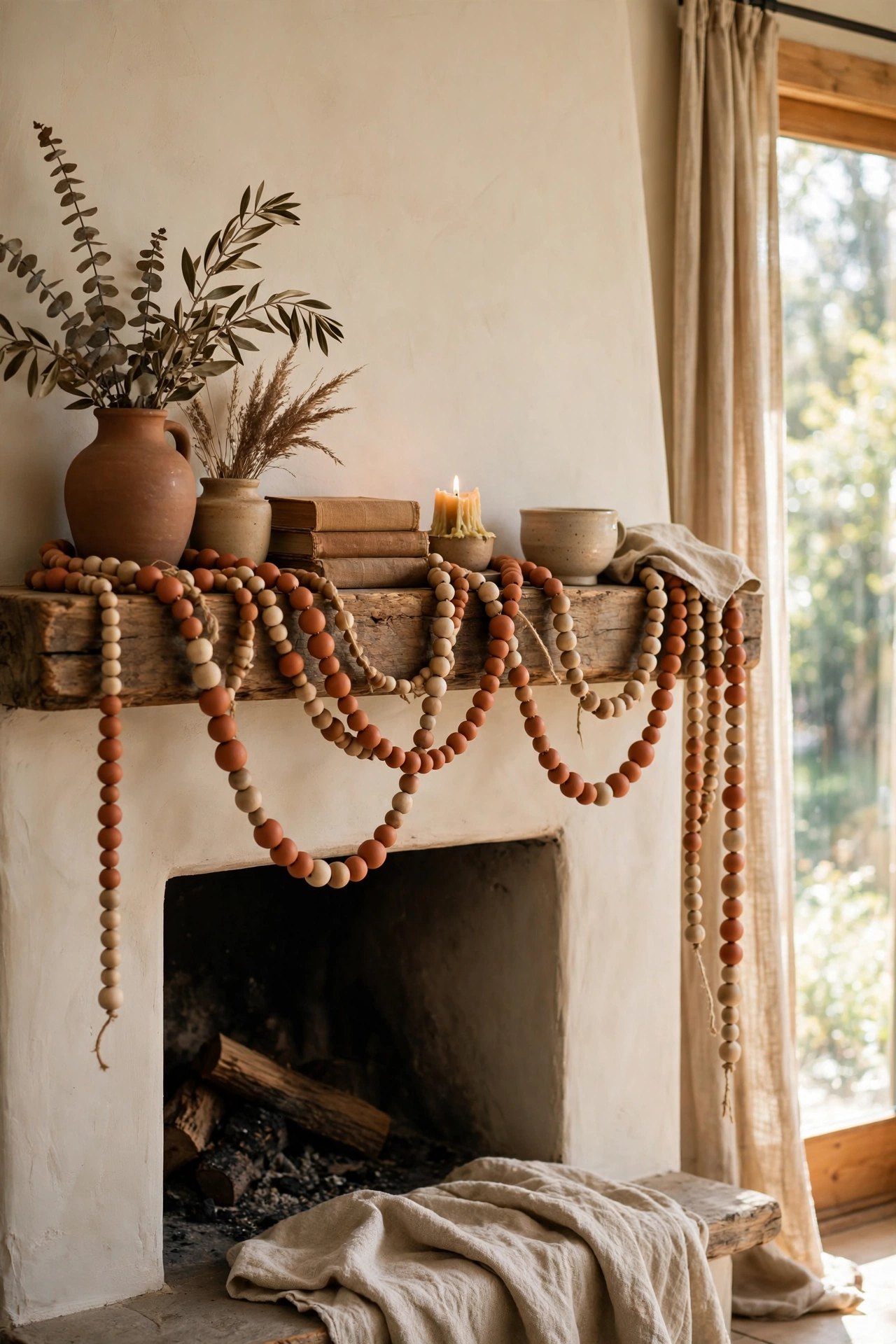 Wooden bead garland in clay tones draped on a mantel