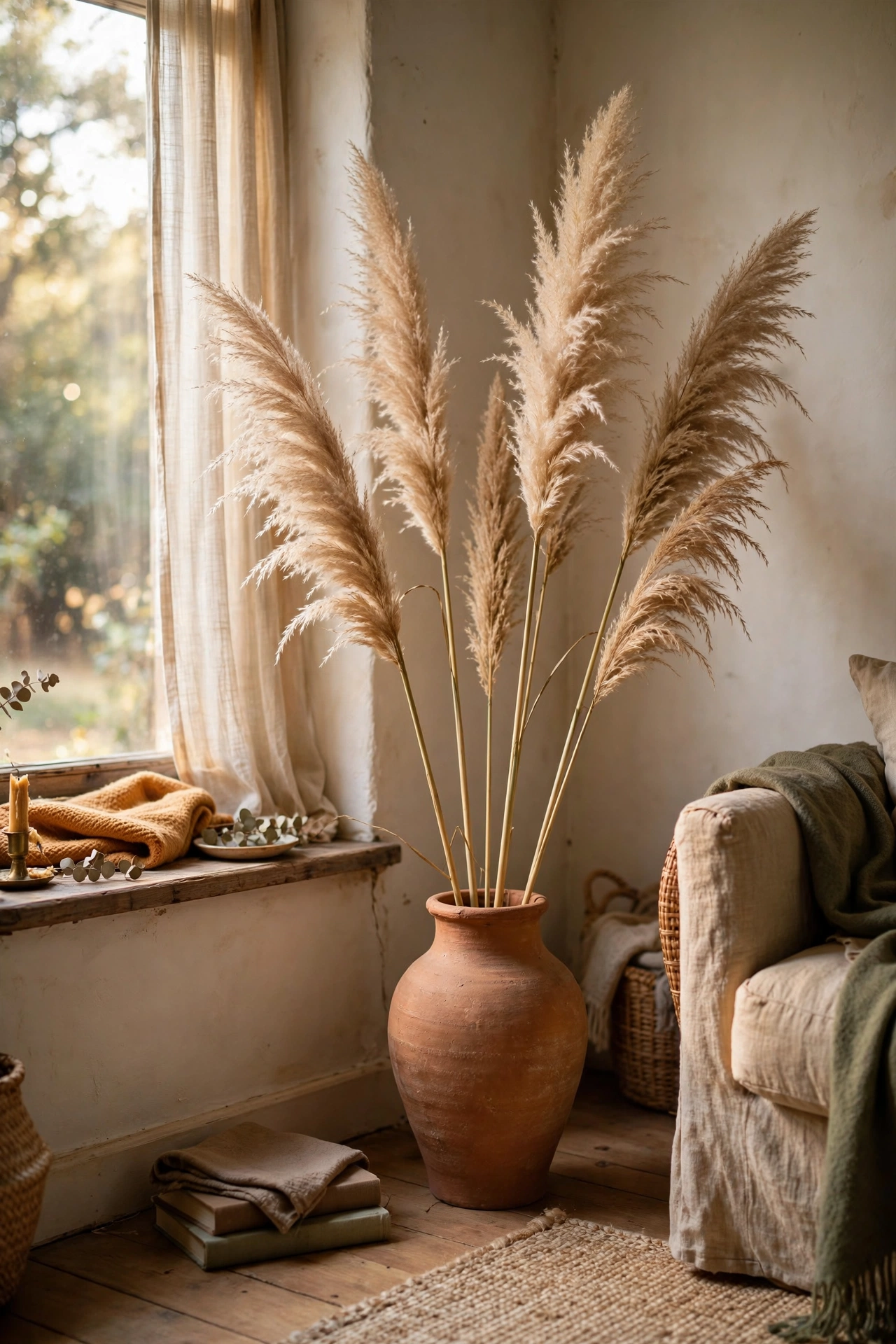 Dried pampas grass in a tall terracotta floor vase