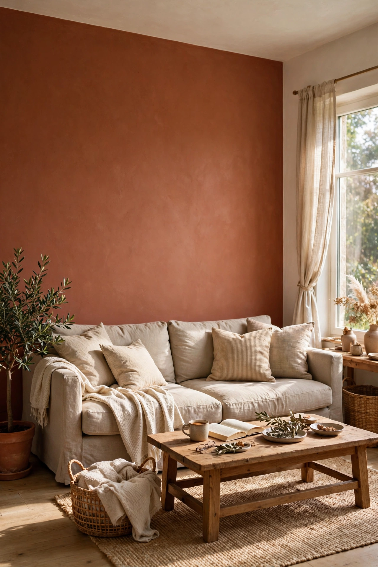 Living room with one warm clay terracotta accent wall