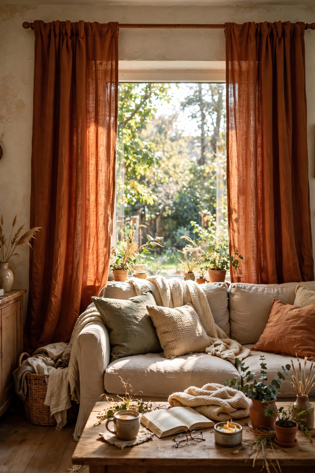 Rust linen curtains hung high framing a bright window