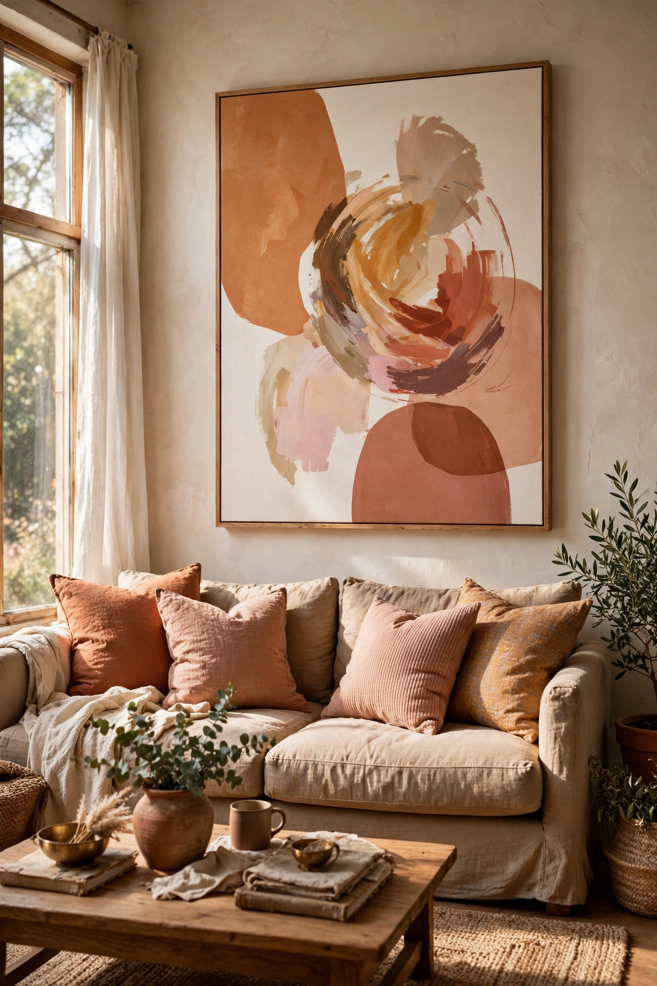 Abstract sunset toned art print above a terracotta styled sofa