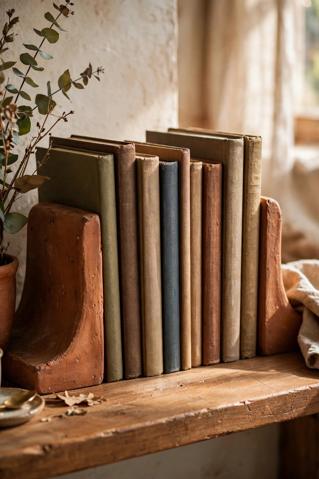 Terracotta bookends holding books on a wooden shelf