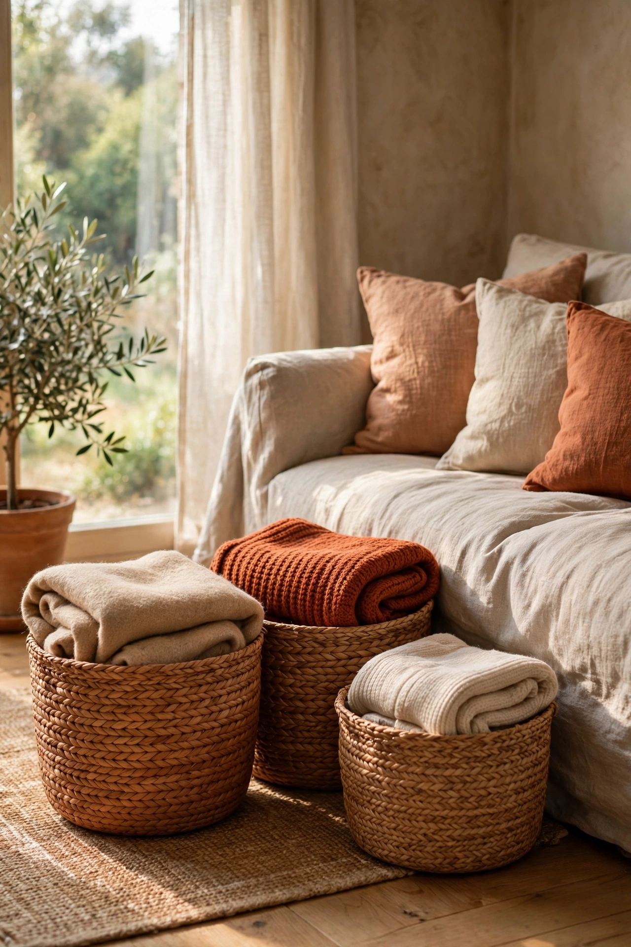 Seagrass baskets in warm clay tones holding throws