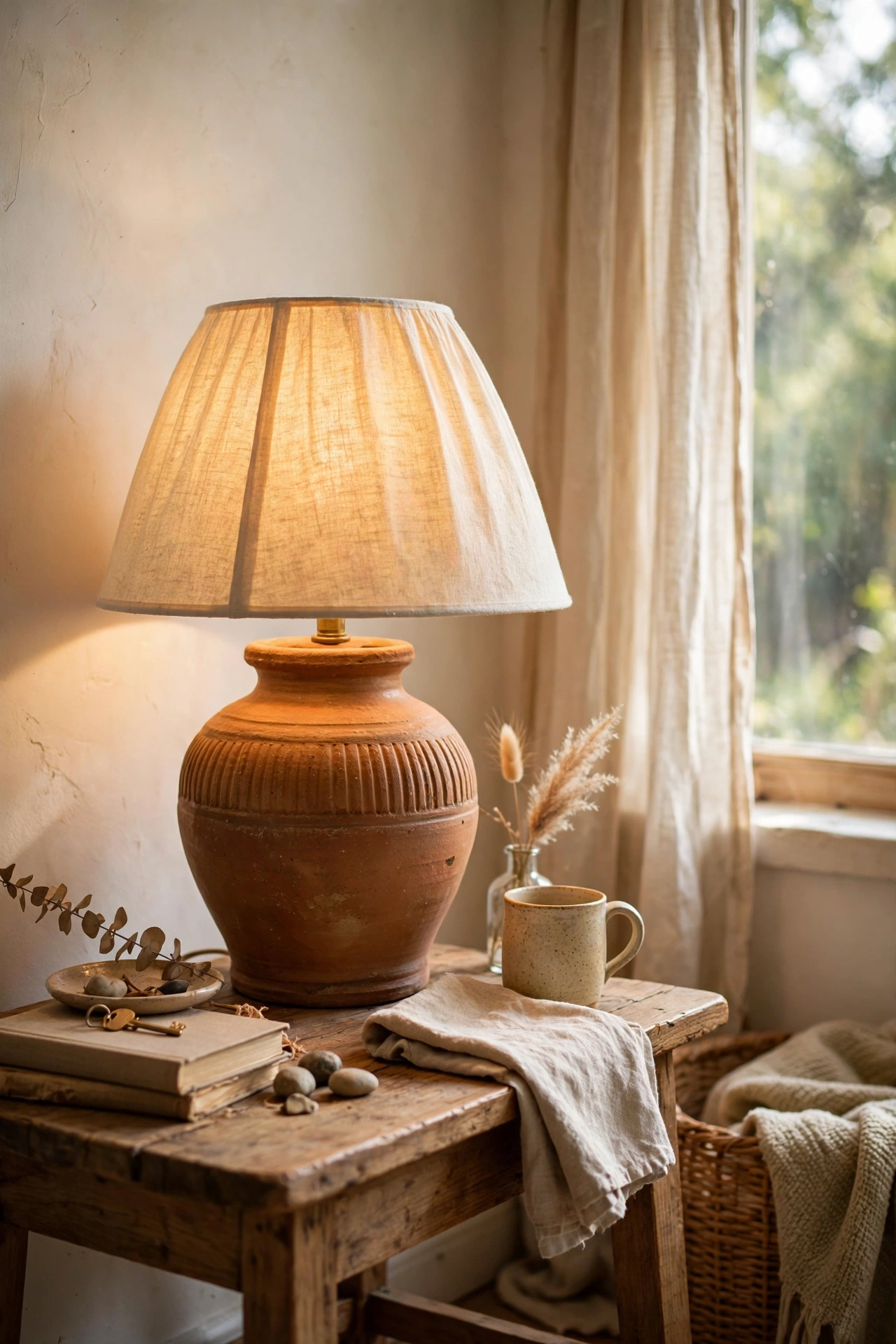 Terracotta ceramic table lamp with cream shade glowing