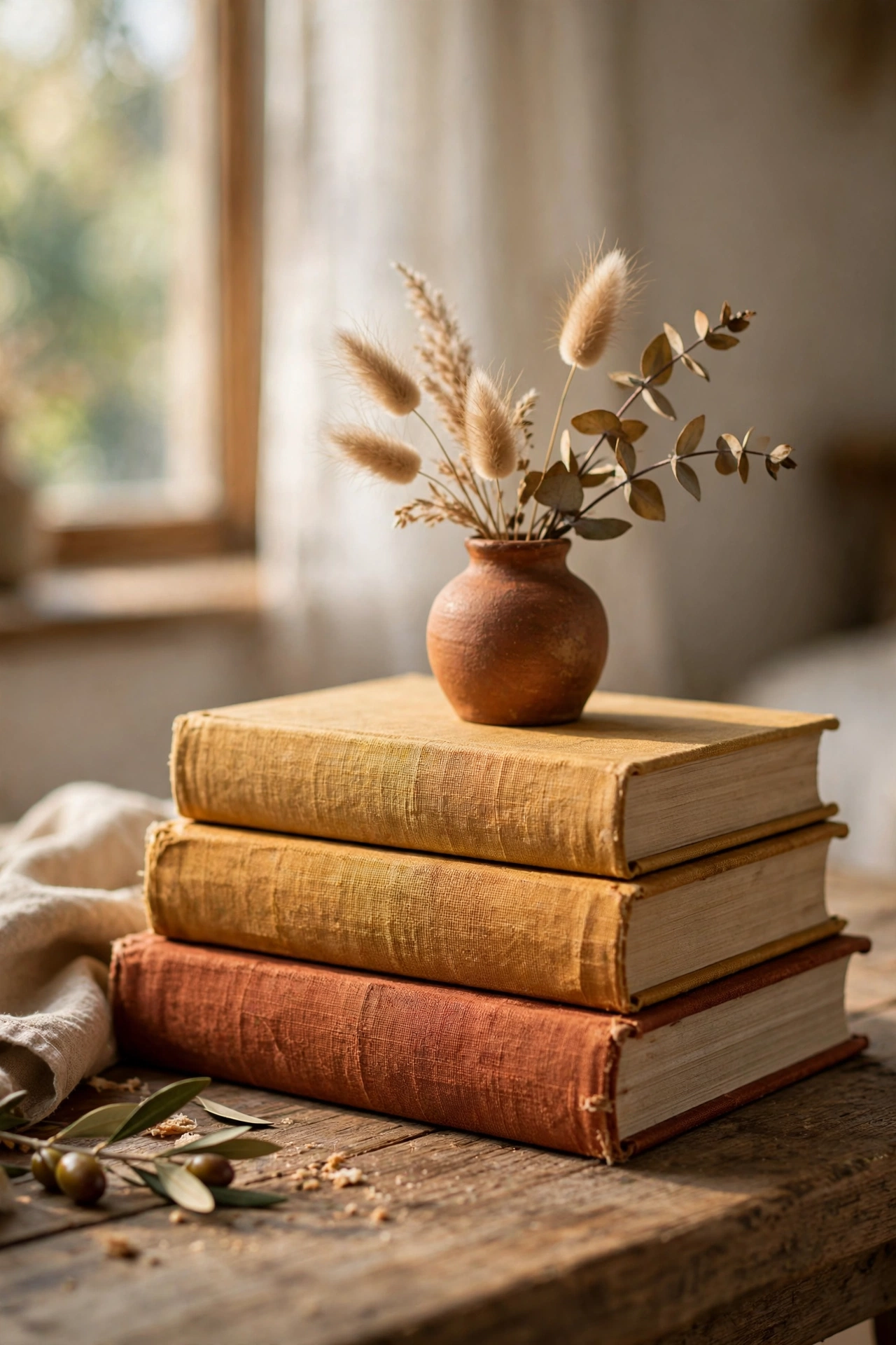 Stack of coffee table books with earthy terracotta covers