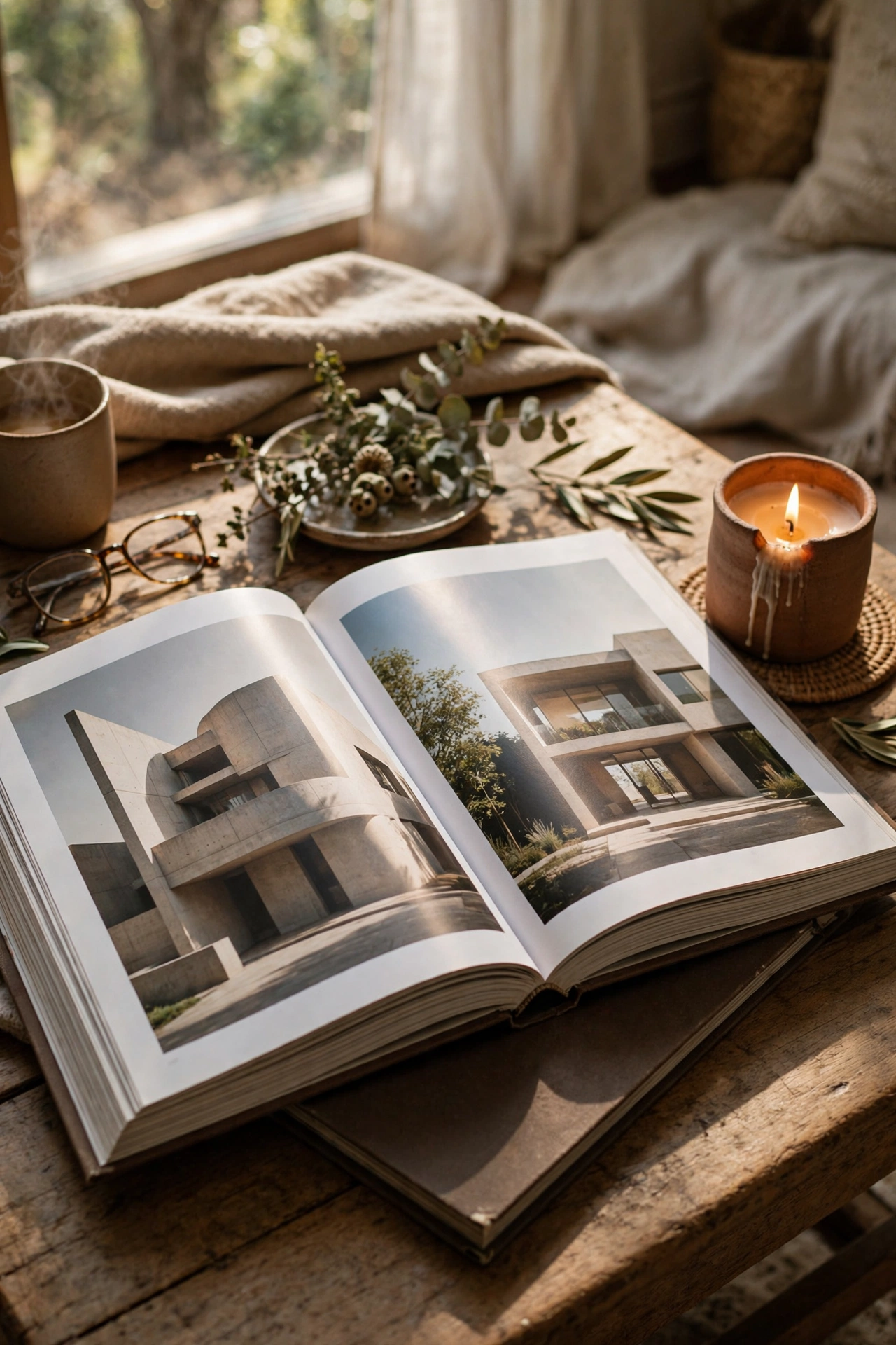 Oversized art book open on a styled coffee table