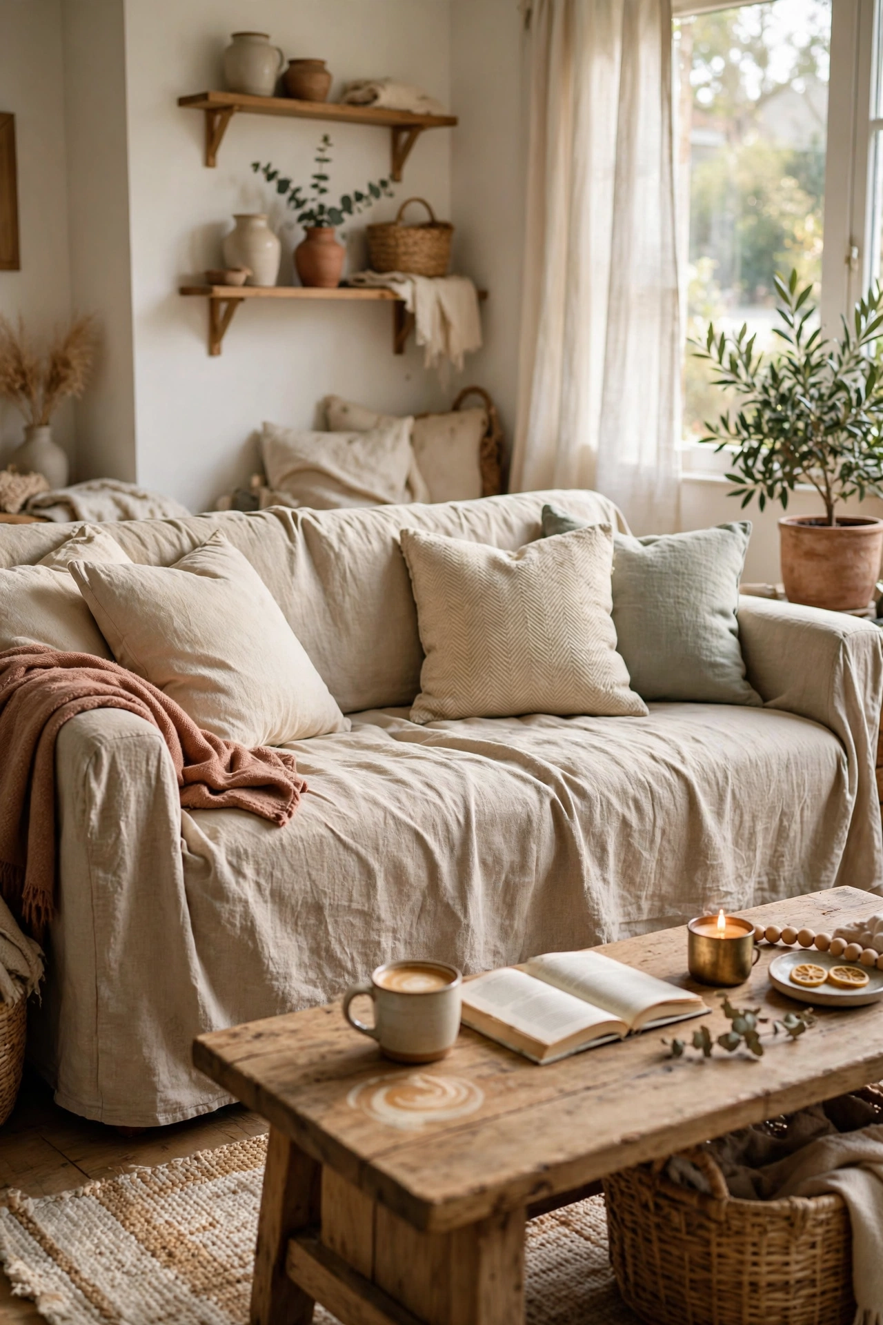 Sofa transformed with a natural linen slipcover