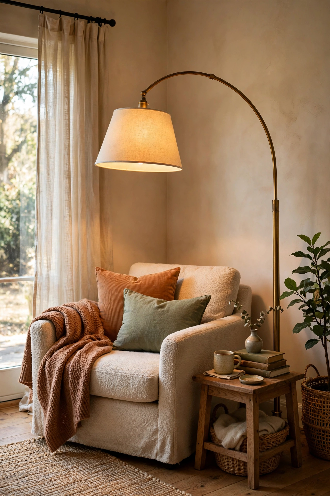 Brass arc floor lamp glowing in a living room corner